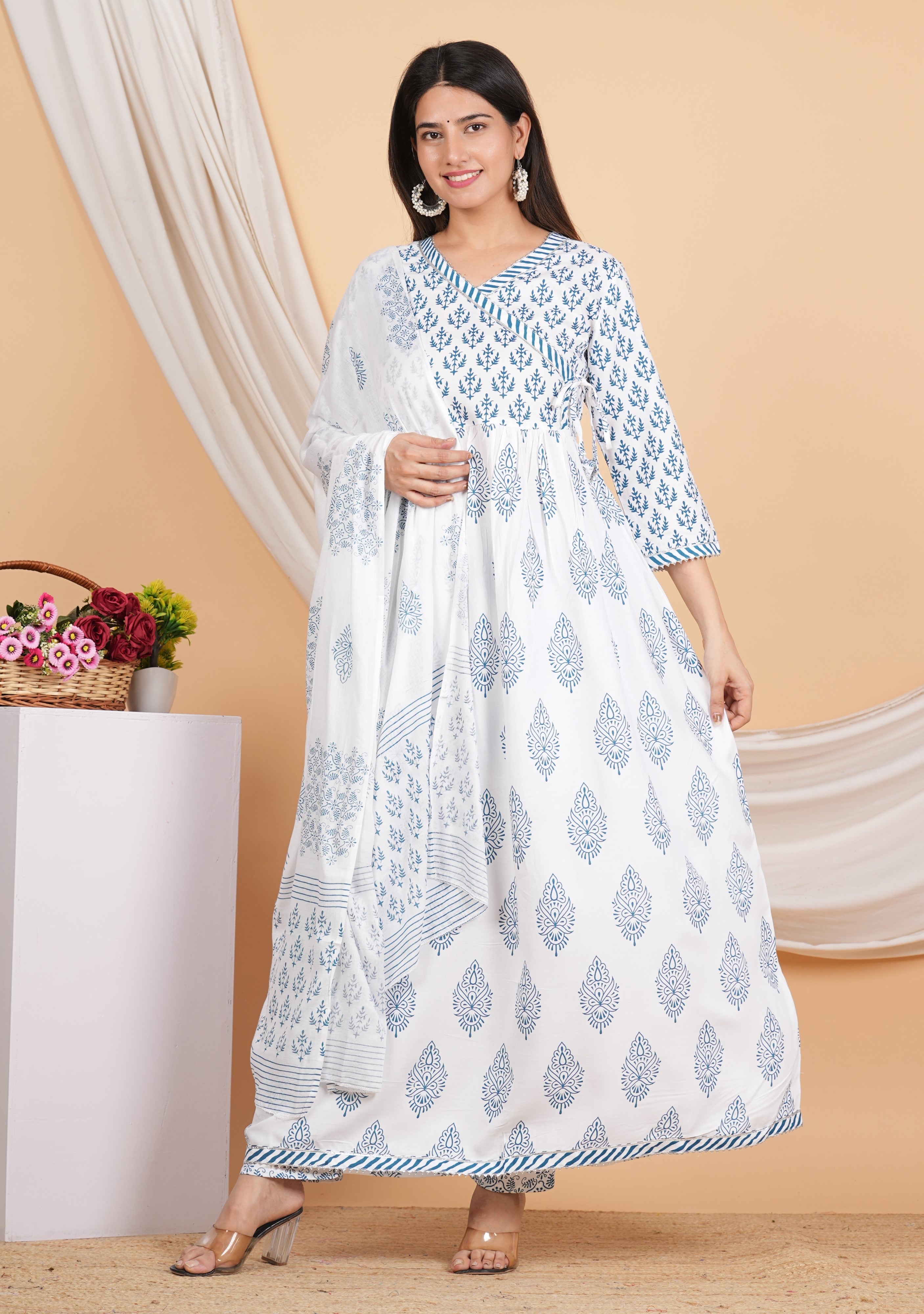House of RP Women White & Blue Rayon Floral Print Kurta, Pant & Dupatta Set