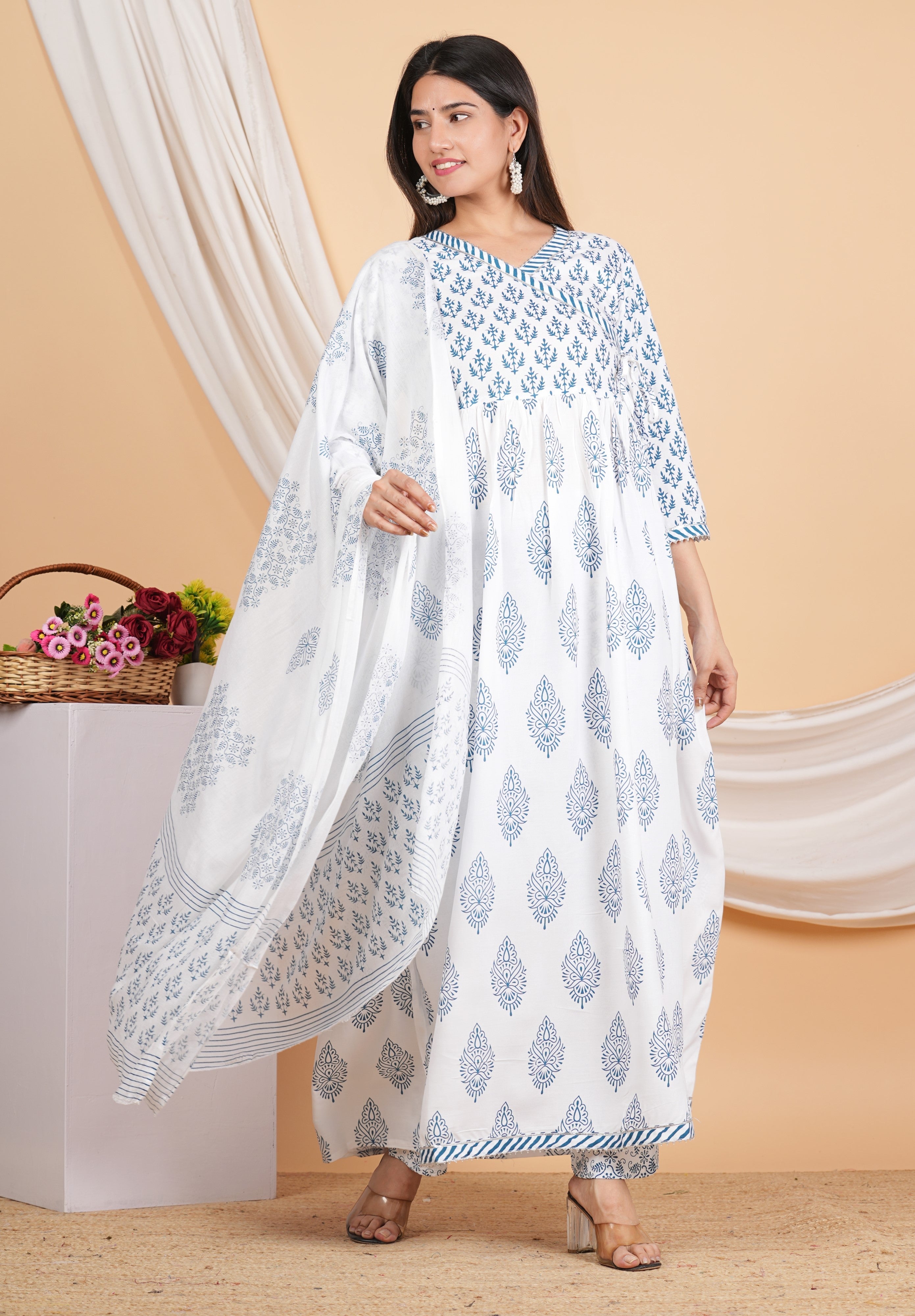 House of RP Women White & Blue Rayon Floral Print Kurta, Pant & Dupatta Set
