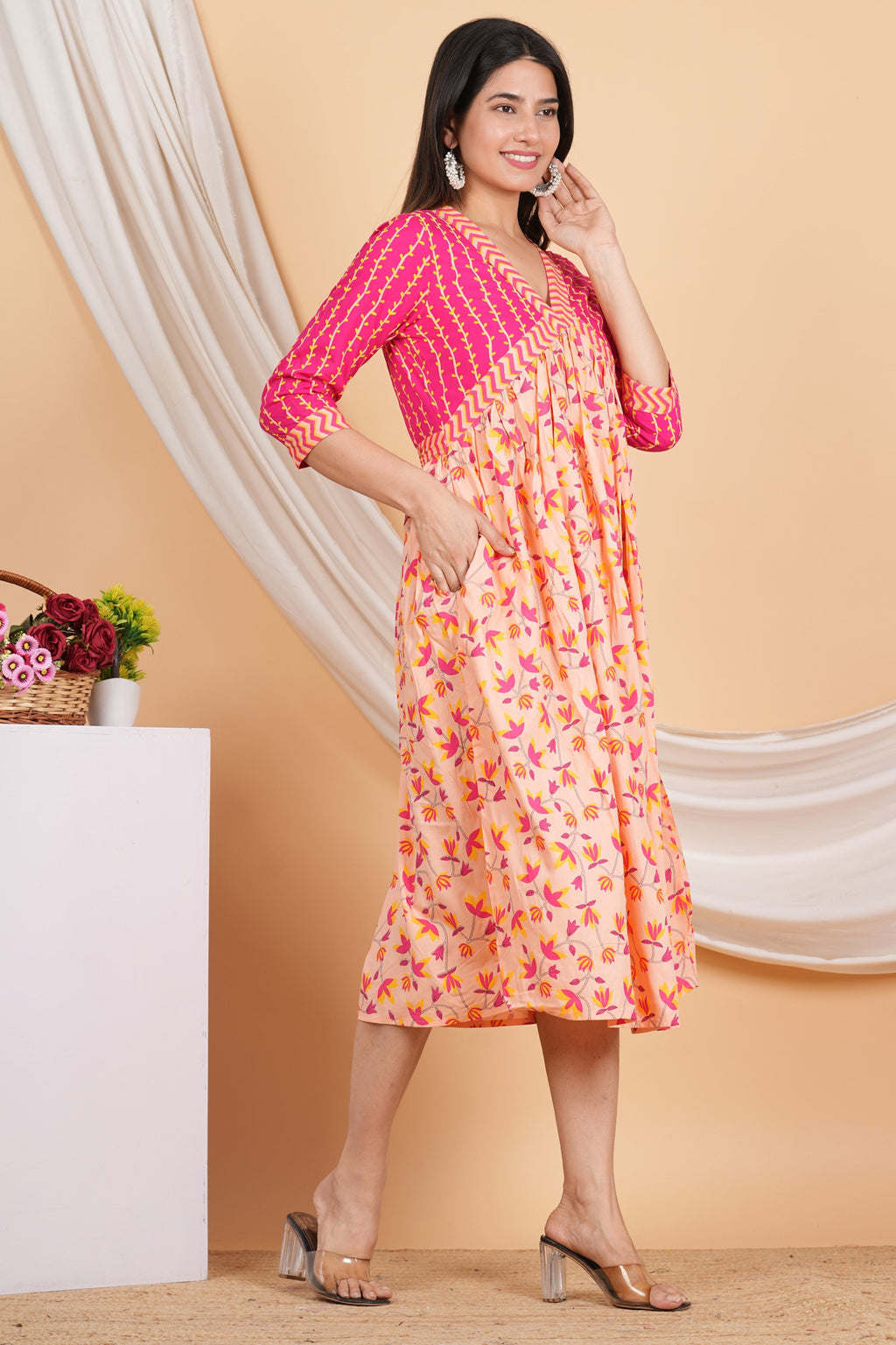 House of RP Women Rayon Peach Floral Printed Dress