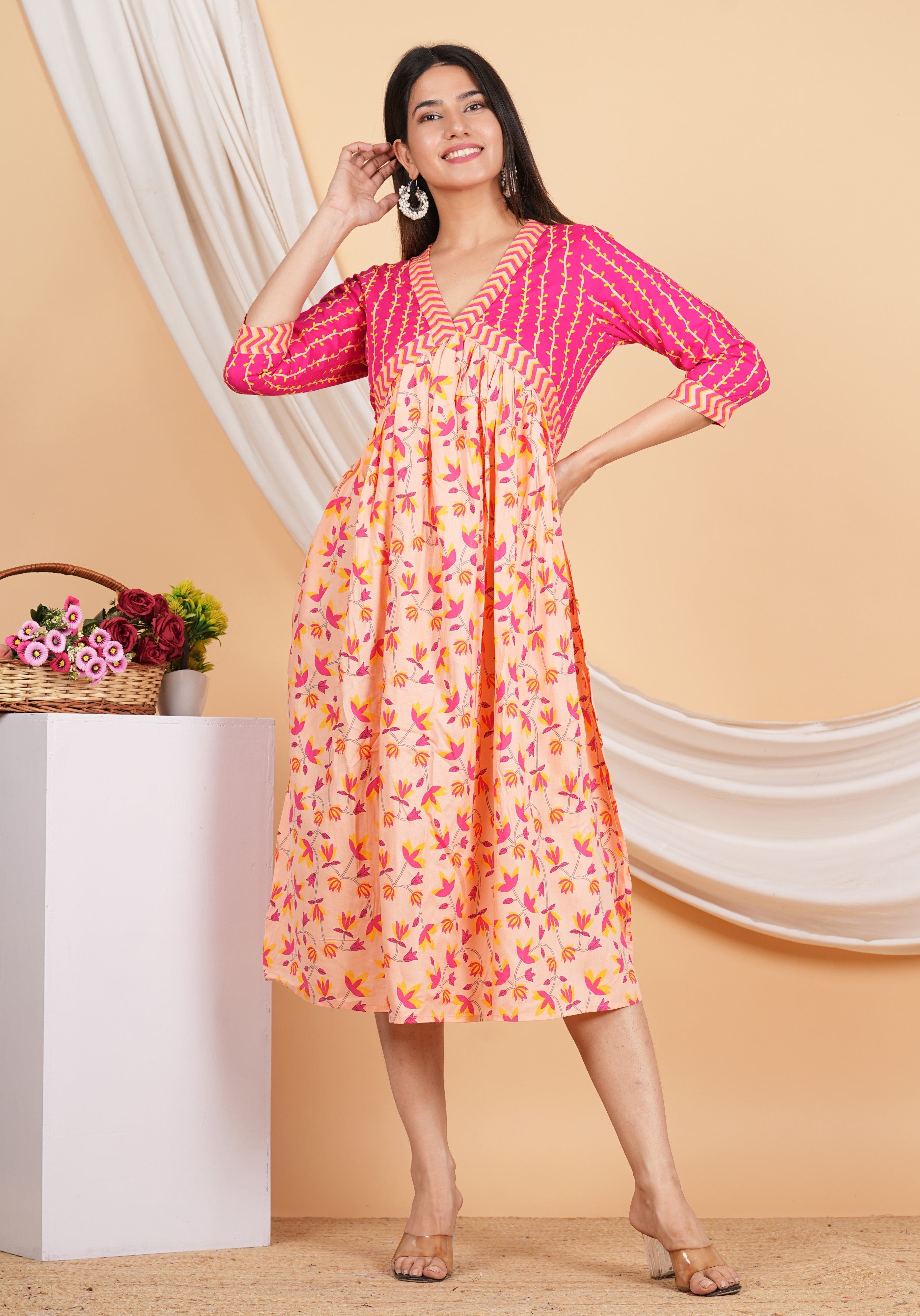 House of RP Women Rayon Peach Floral Printed Dress