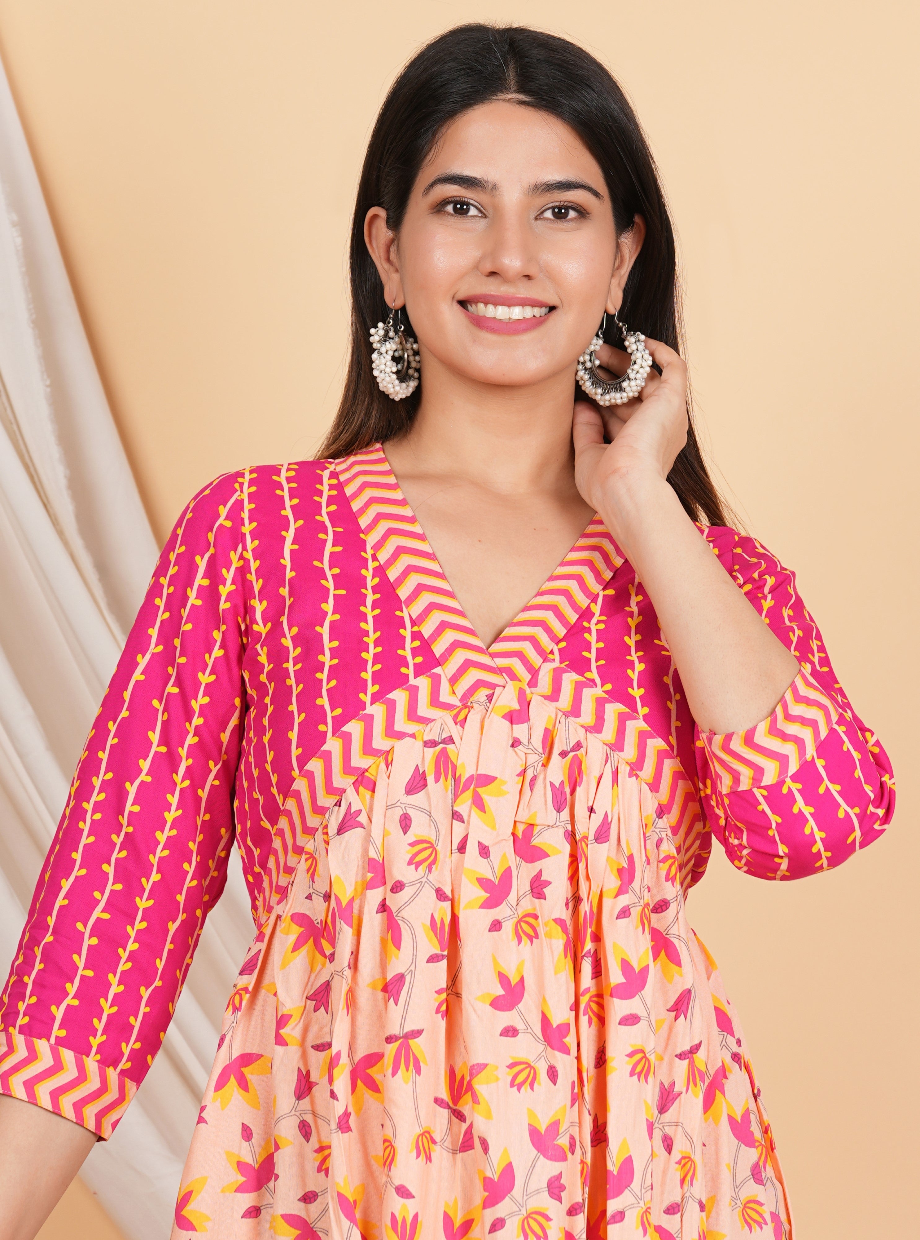 House of RP Women Rayon Peach Floral Printed Dress