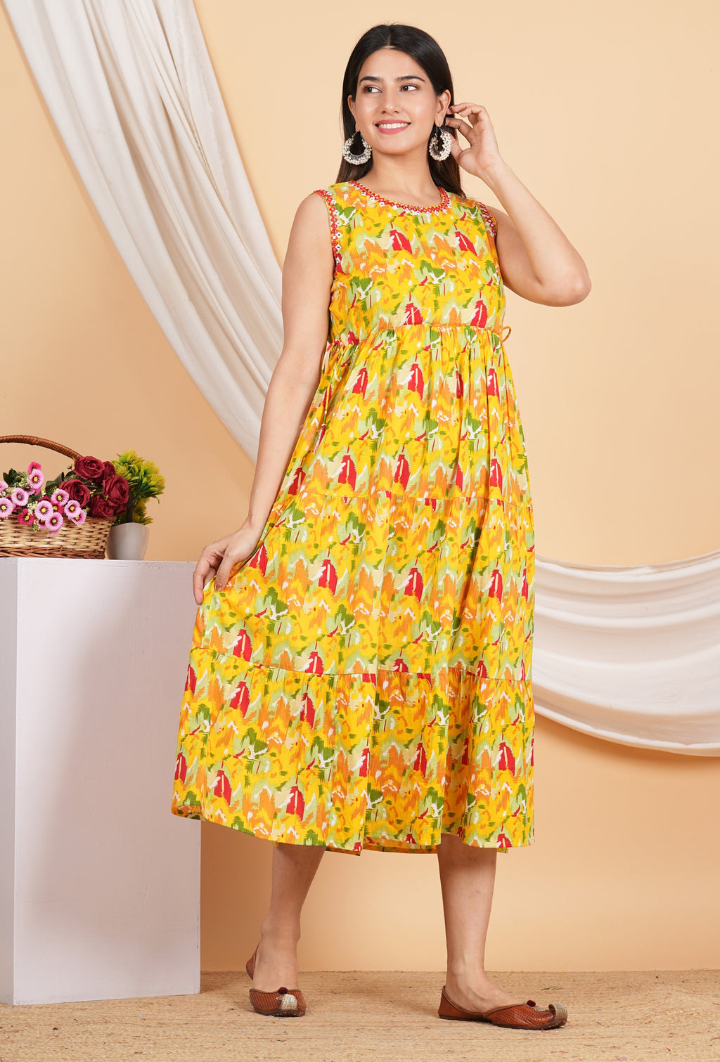 House of RP Women Rayon Yellow Abstract Printed Dress