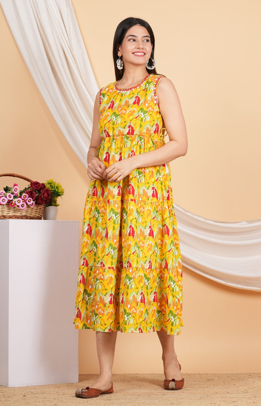 House of RP Women Rayon Yellow Abstract Printed Dress