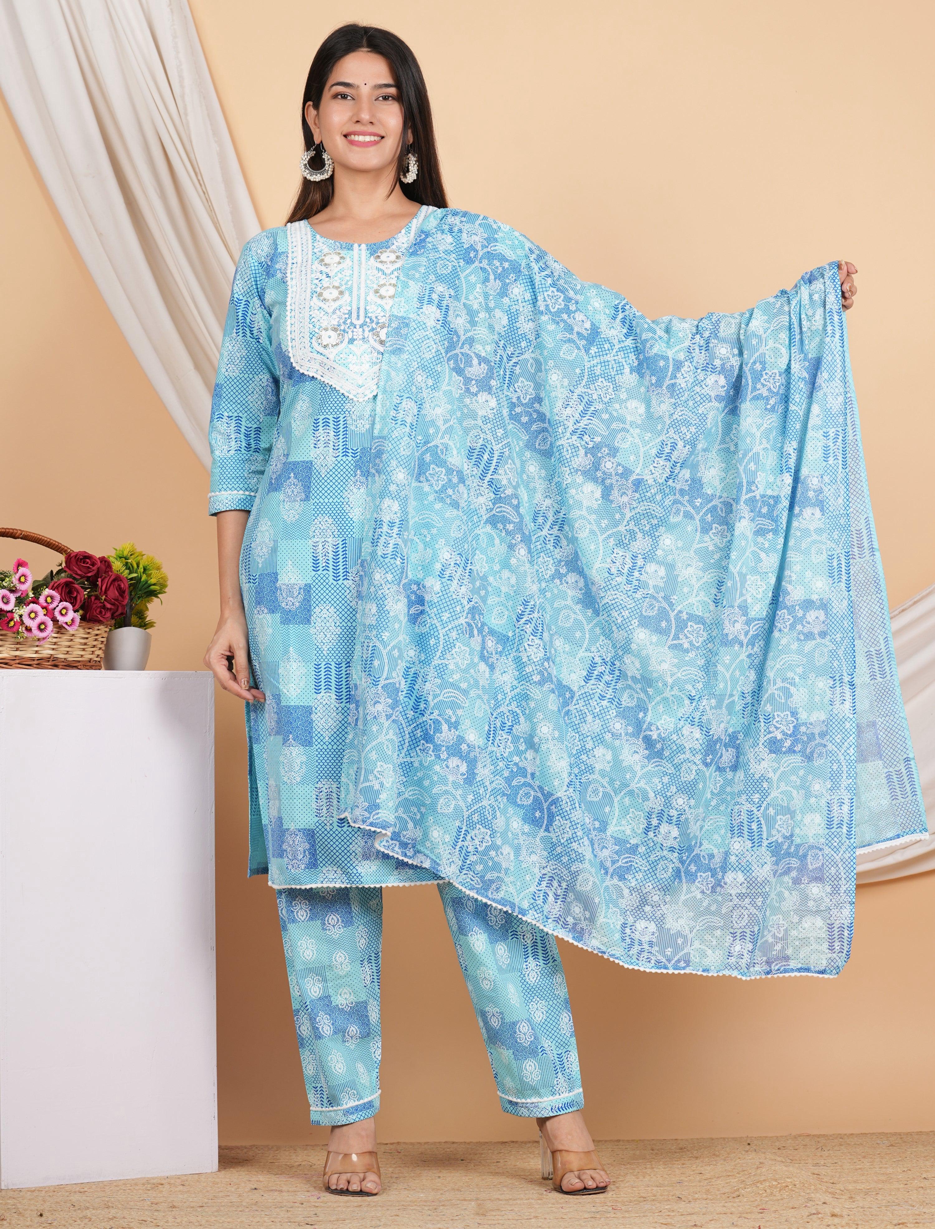 House of RP Women Blue Rayon Cotton Graphic Print Kurta ,Pant & Dupatta Set
