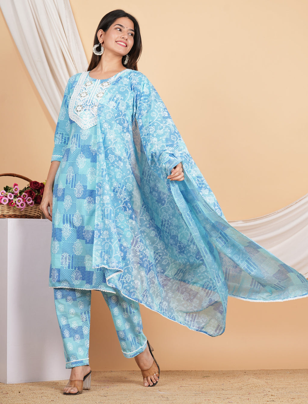House of RP Women Blue Rayon Cotton Graphic Print Kurta ,Pant & Dupatta Set