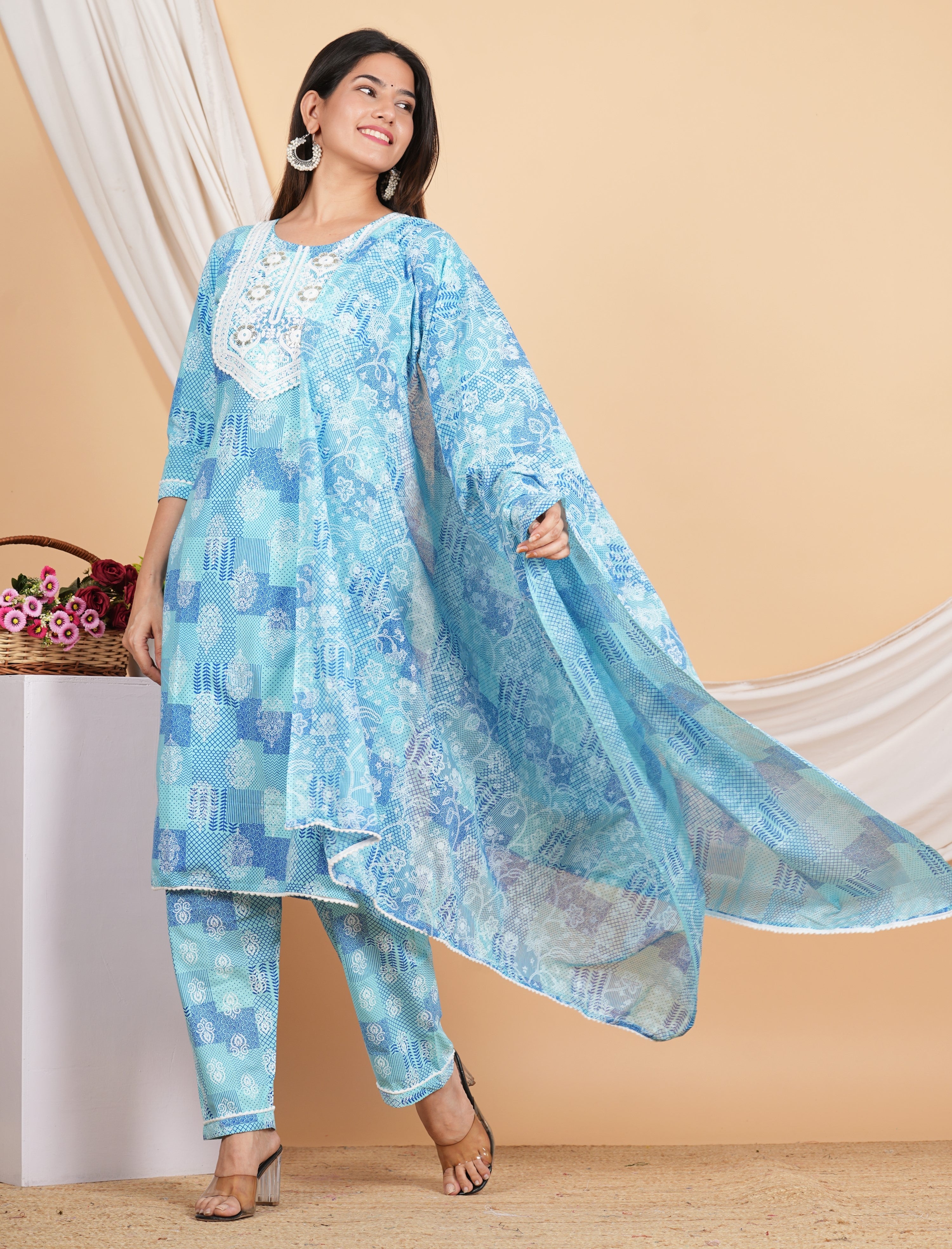 House of RP Women Blue Rayon Cotton Graphic Print Kurta ,Pant & Dupatta Set