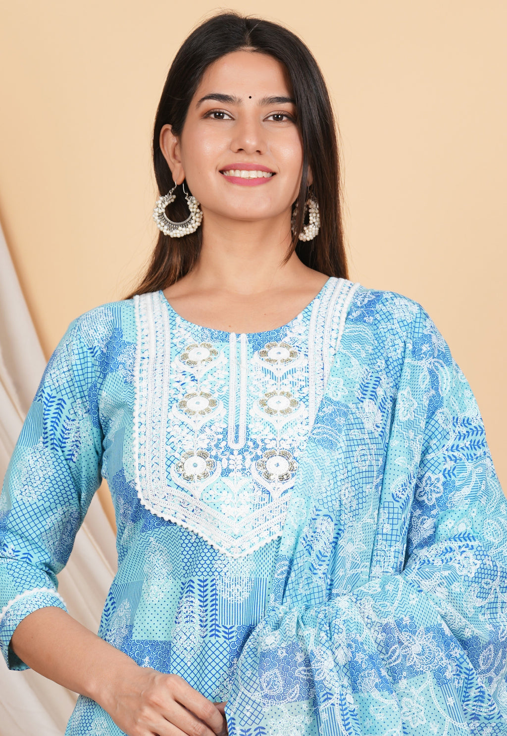House of RP Women Blue Rayon Cotton Graphic Print Kurta ,Pant & Dupatta Set