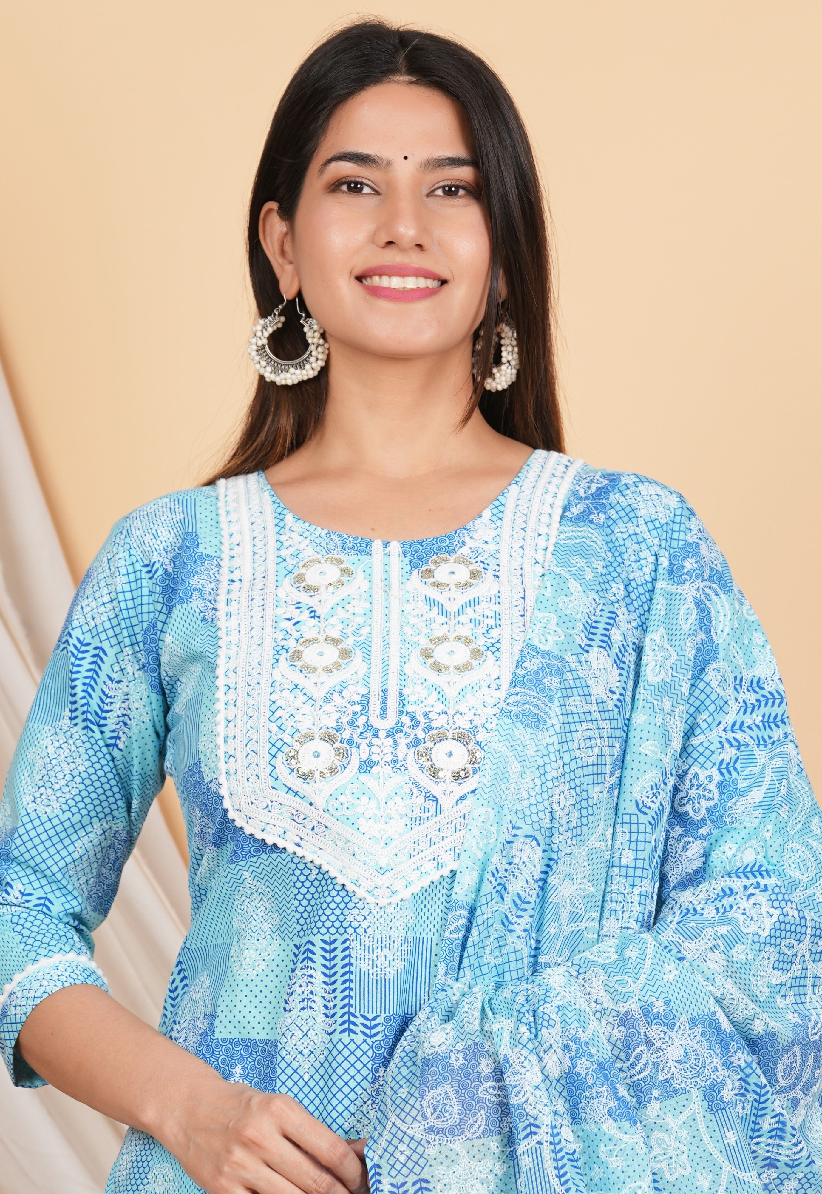 House of RP Women Blue Rayon Cotton Graphic Print Kurta ,Pant & Dupatta Set