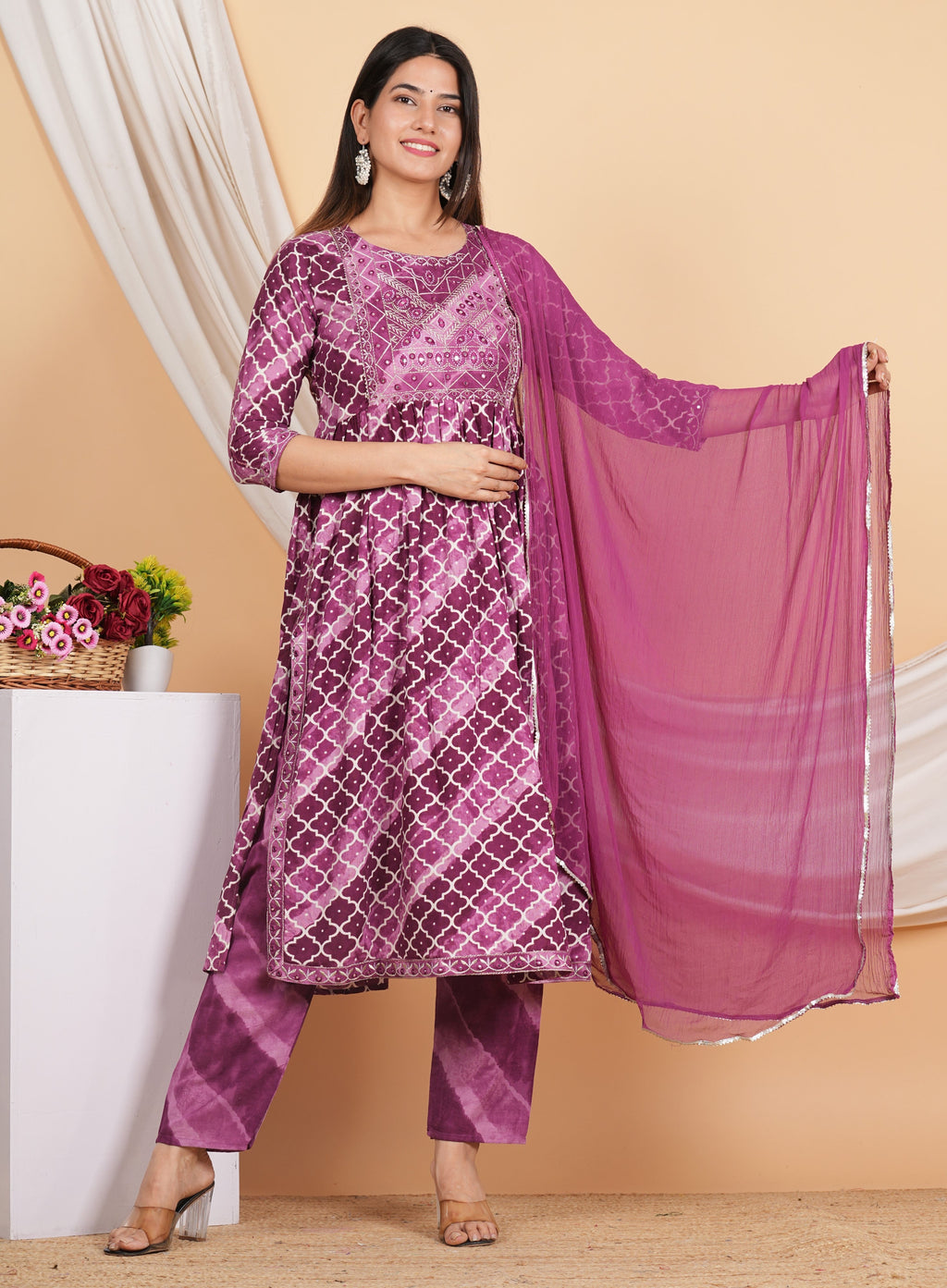 House of RP Women Rayon Dark Purple Ethnic Print Naira Cut Kurta, Pant & Dupatta Set