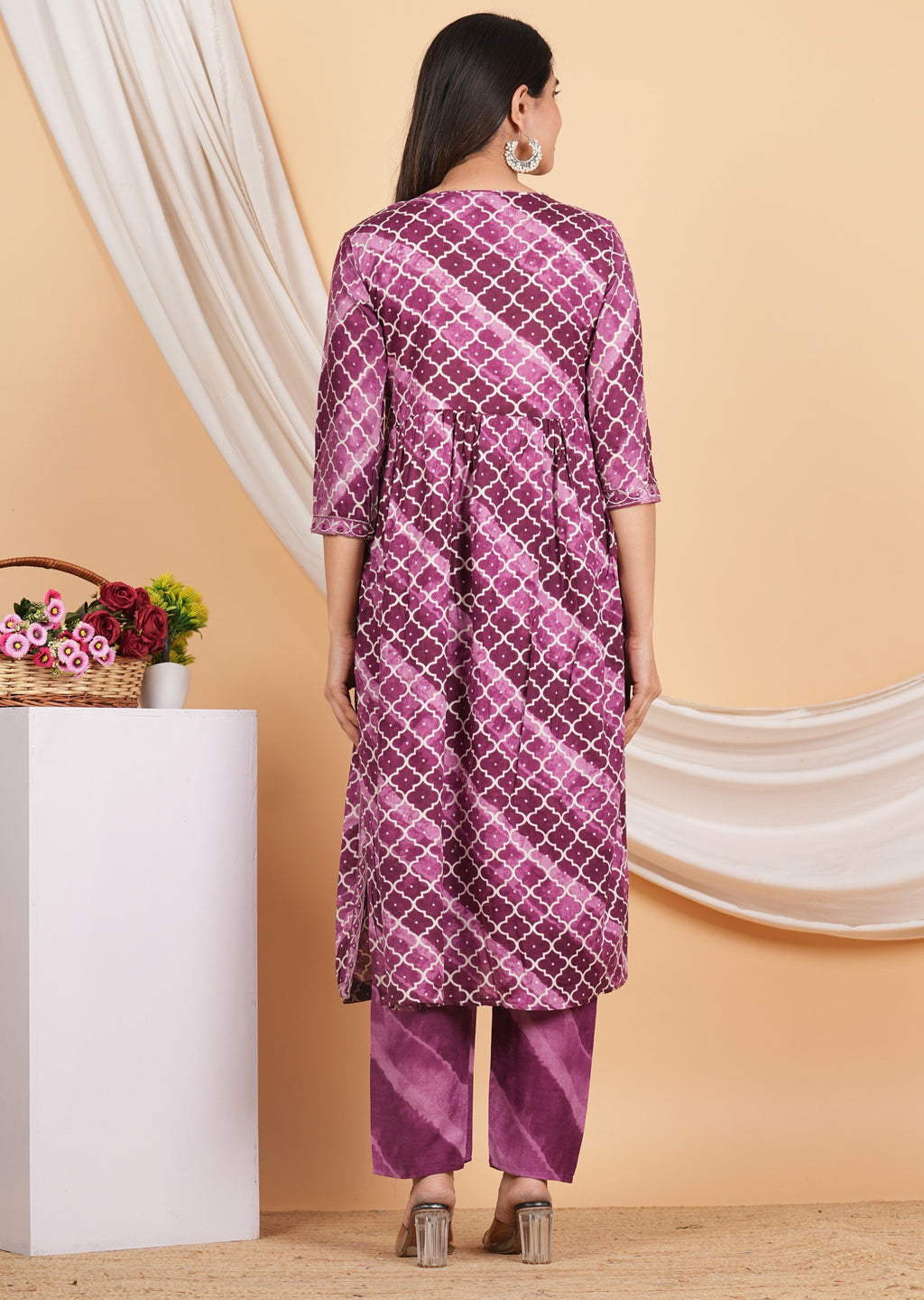 House of RP Women Rayon Dark Purple Ethnic Print Naira Cut Kurta, Pant & Dupatta Set