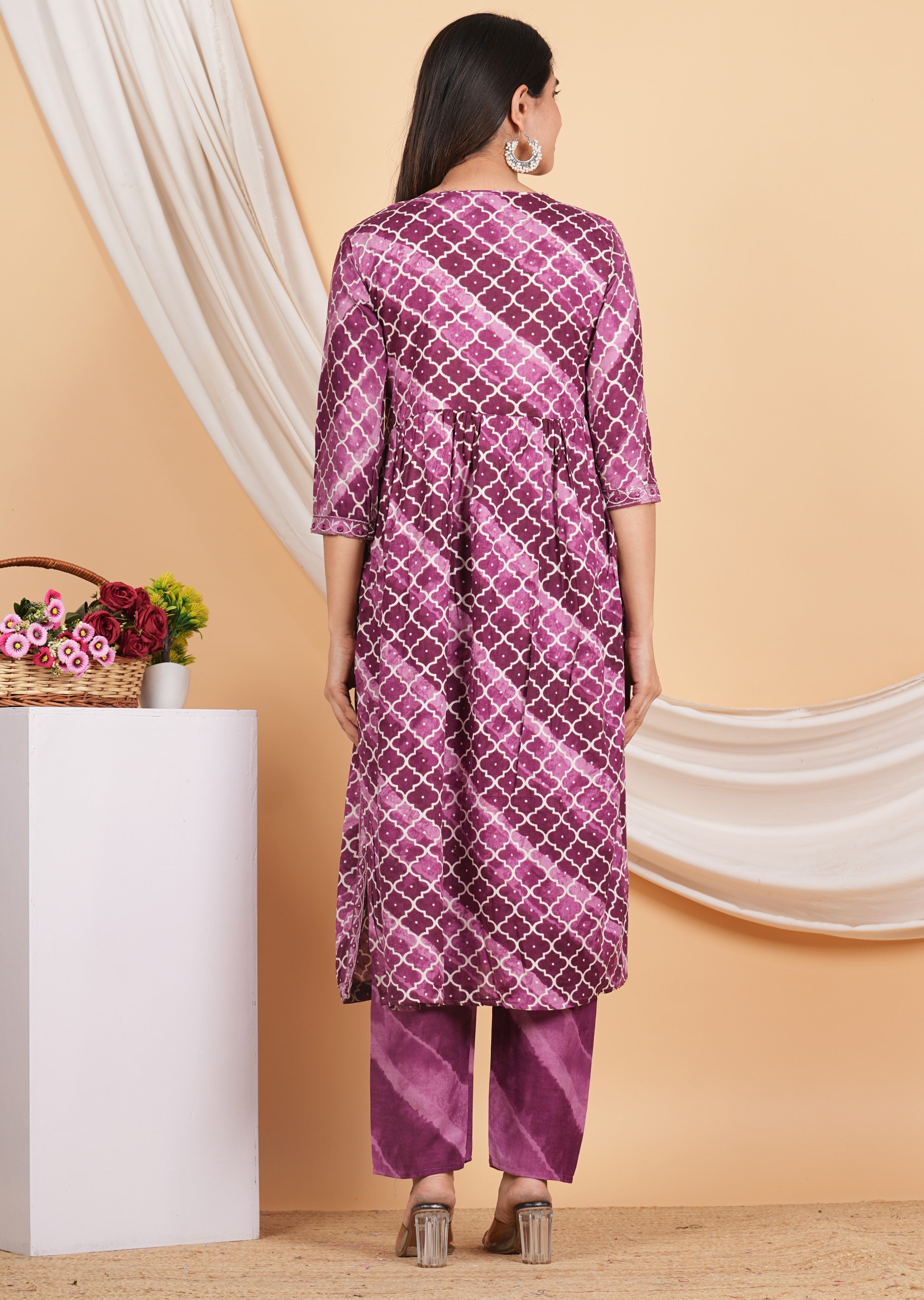 House of RP Women Rayon Dark Purple Ethnic Print Naira Cut Kurta, Pant & Dupatta Set