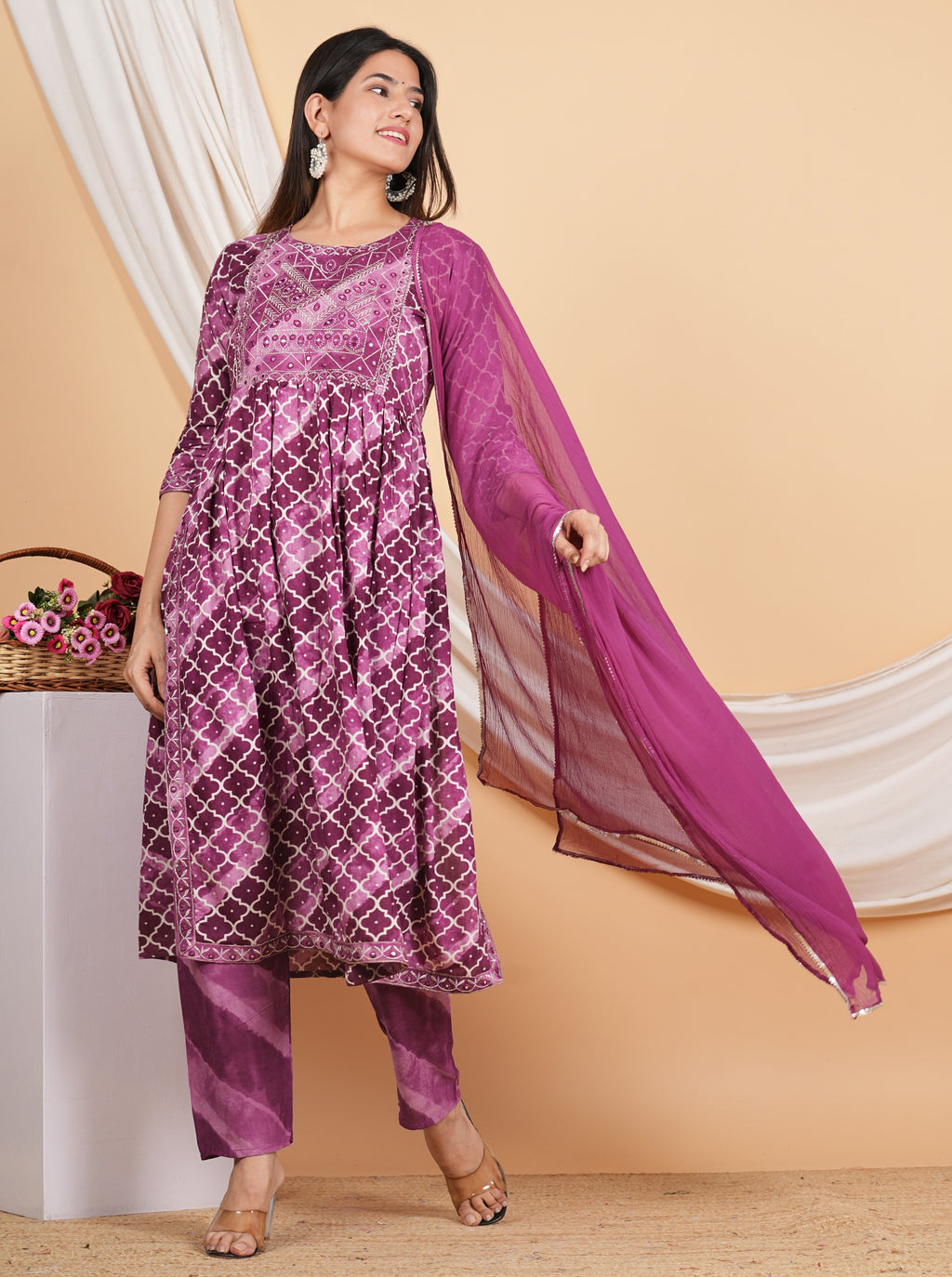 House of RP Women Rayon Dark Purple Ethnic Print Naira Cut Kurta, Pant & Dupatta Set