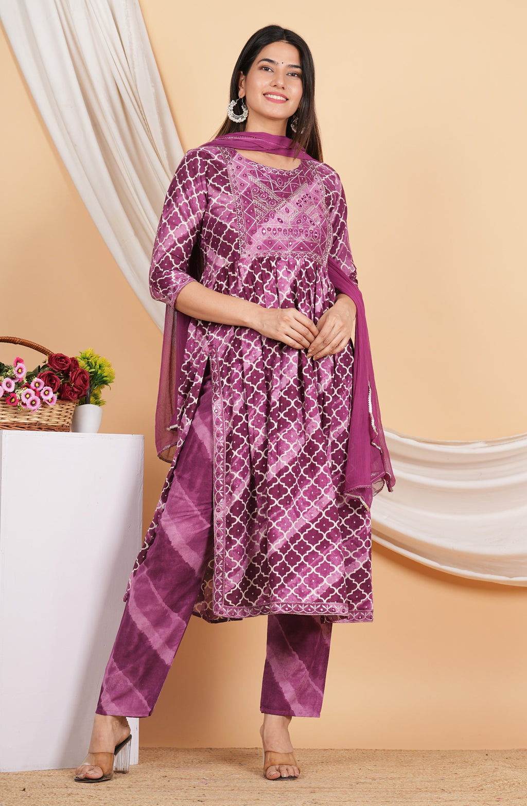 House of RP Women Rayon Dark Purple Ethnic Print Naira Cut Kurta, Pant & Dupatta Set