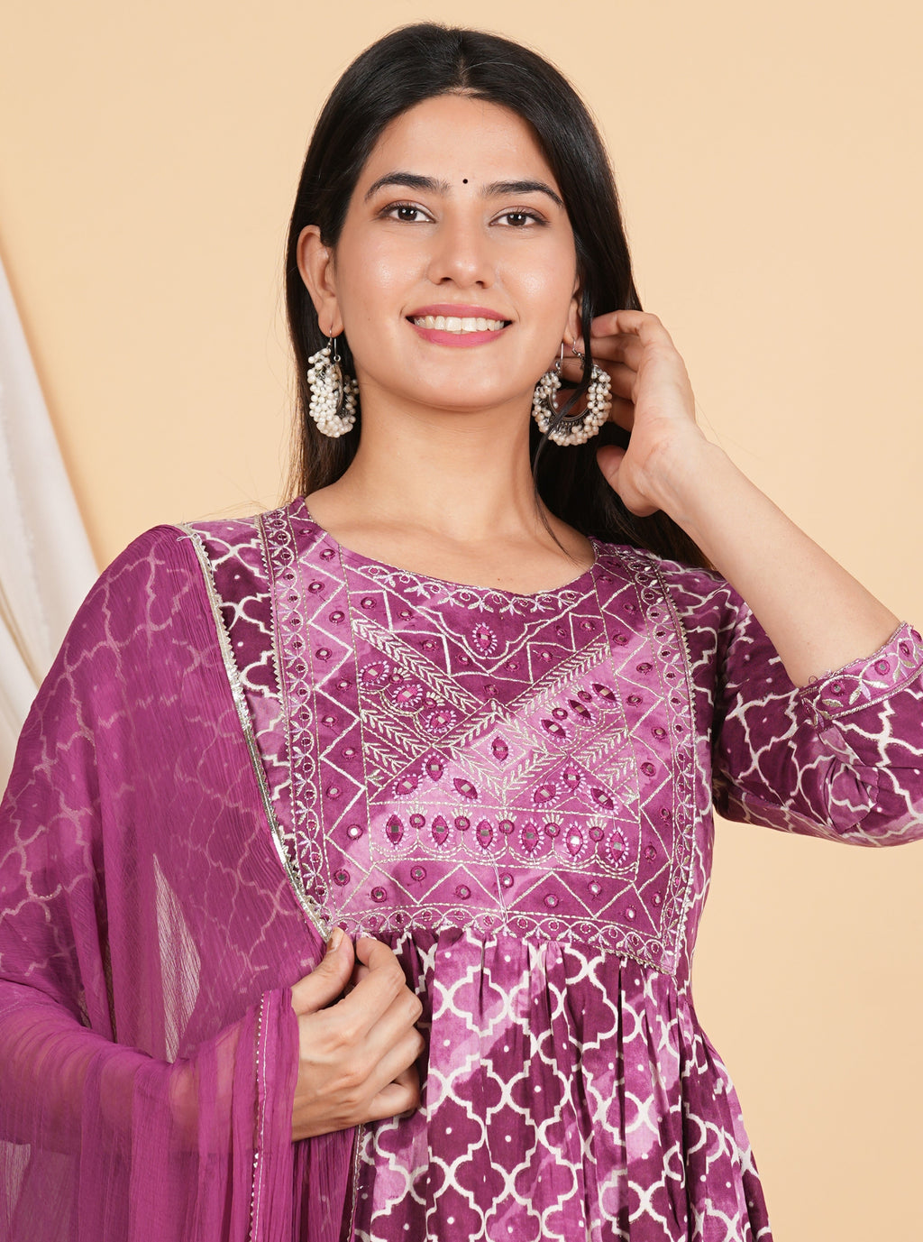 House of RP Women Rayon Dark Purple Ethnic Print Naira Cut Kurta, Pant & Dupatta Set
