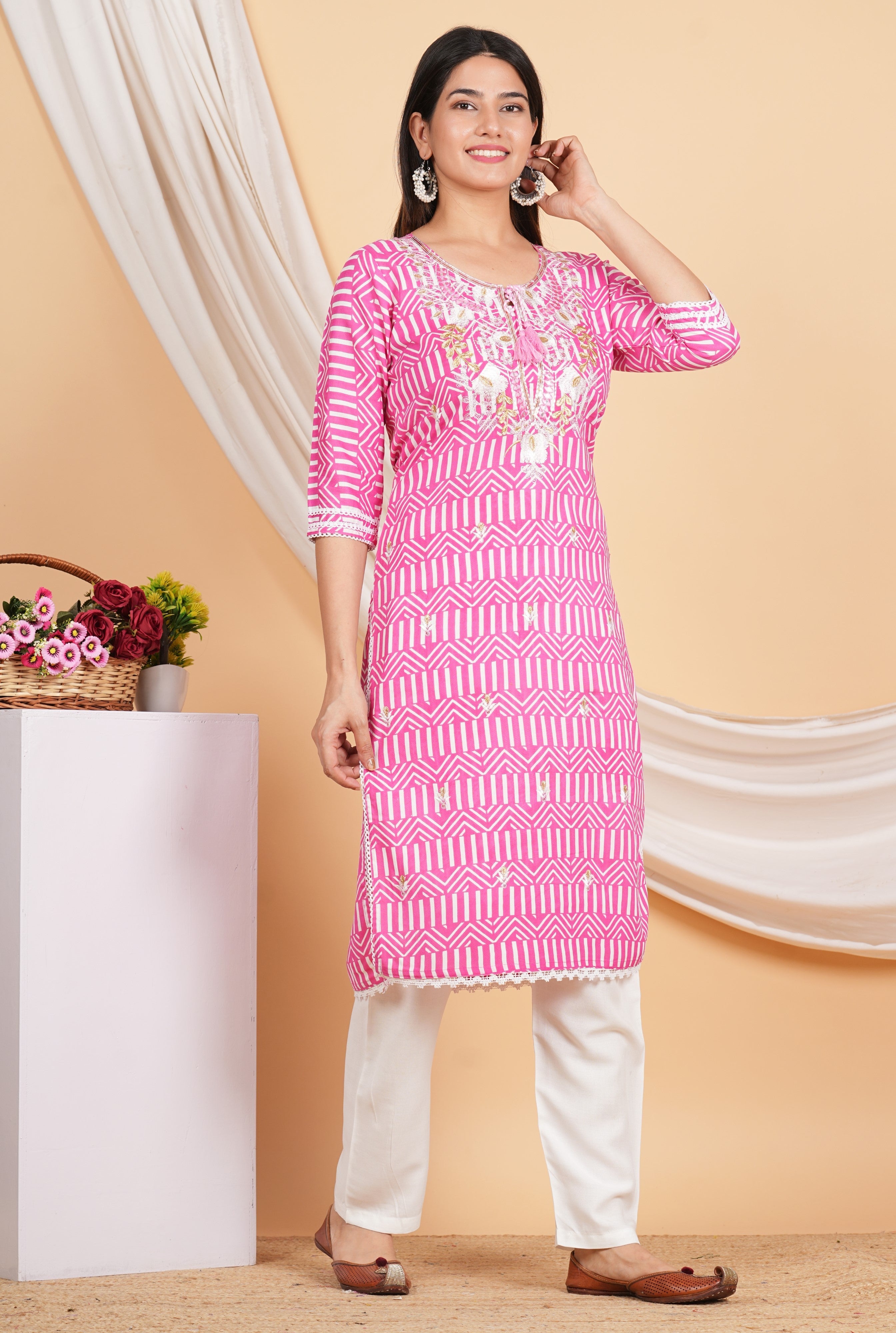 House of RP Women Pink Rayon Ethnic Print Kurta & Pant Set