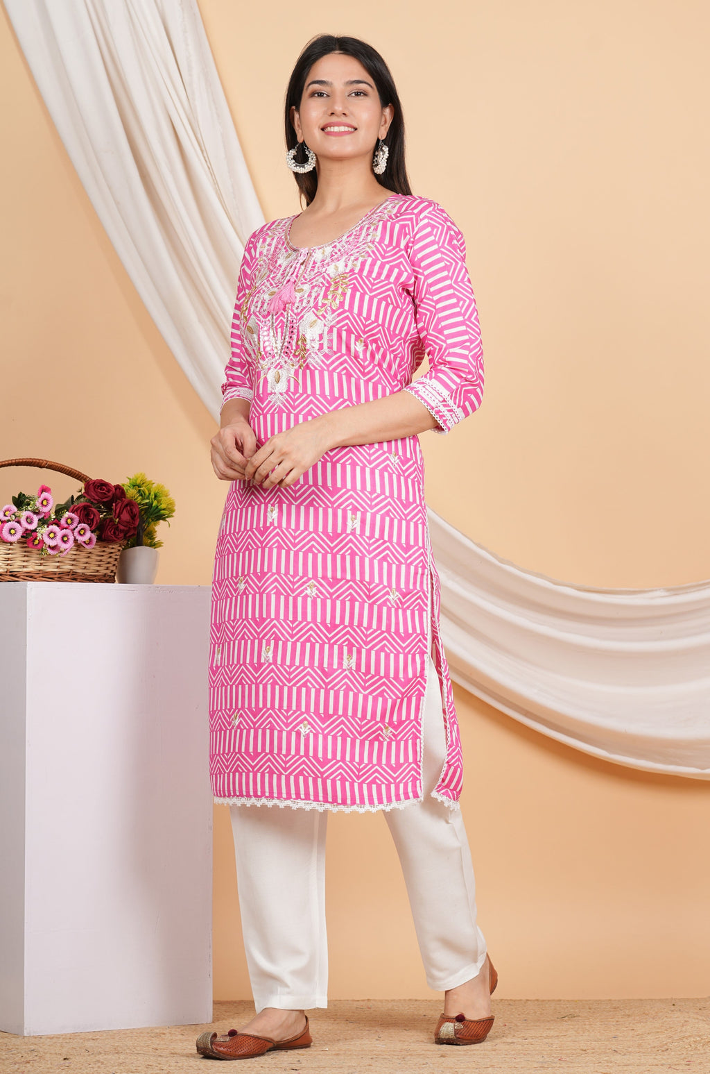 House of RP Women Pink Rayon Ethnic Print Kurta & Pant Set