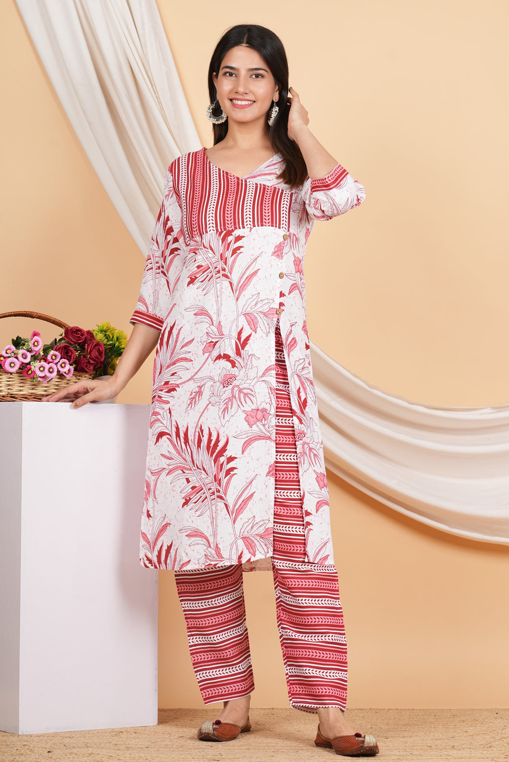 House of RP Women White & Red Rayon Floral Print Kurta & Pant Set
