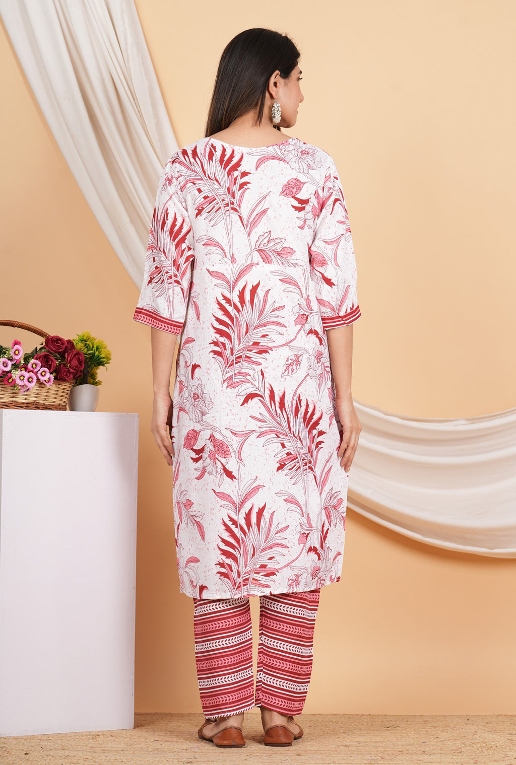 House of RP Women White & Red Rayon Floral Print Kurta & Pant Set