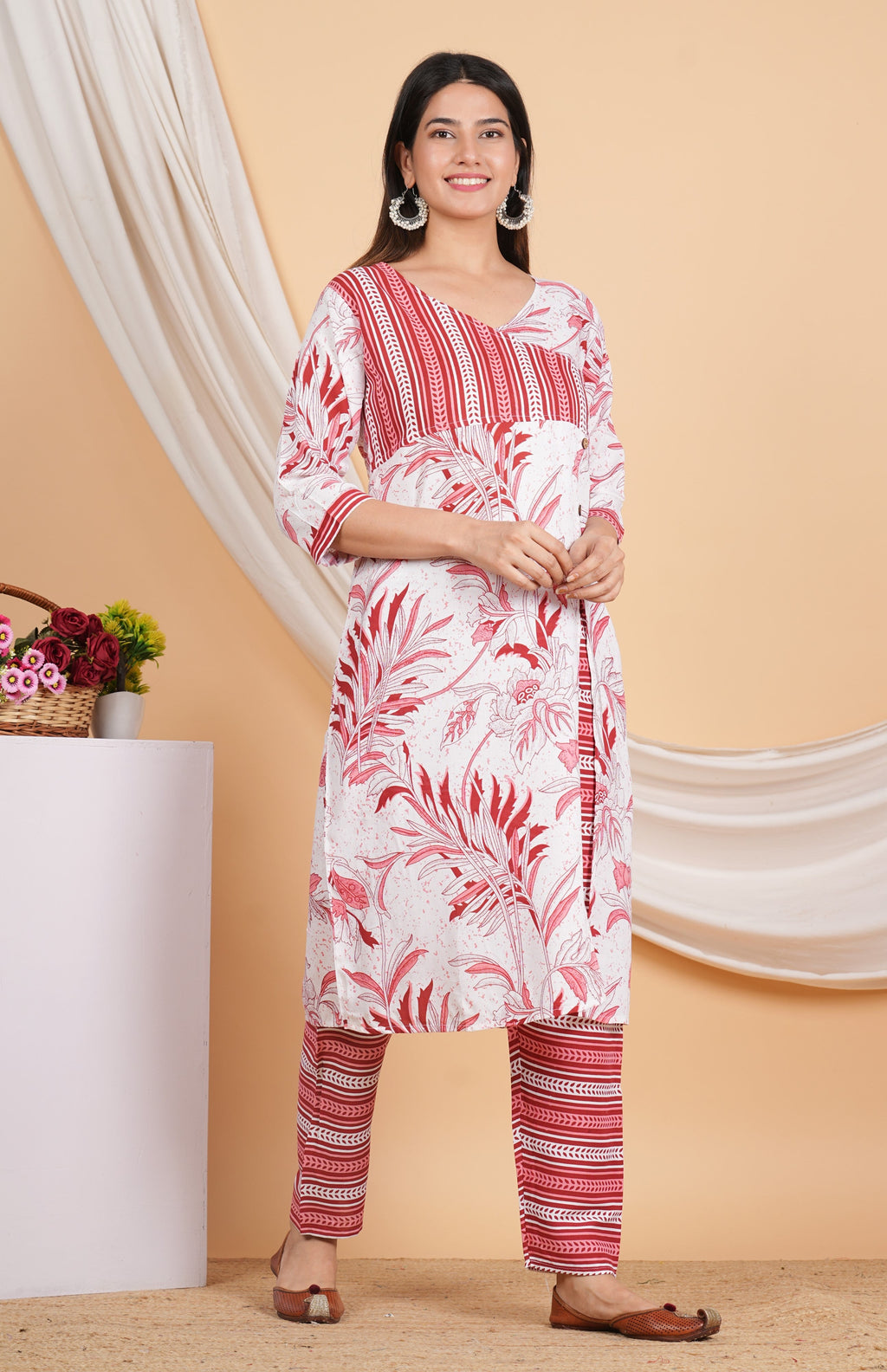 House of RP Women White & Red Rayon Floral Print Kurta & Pant Set