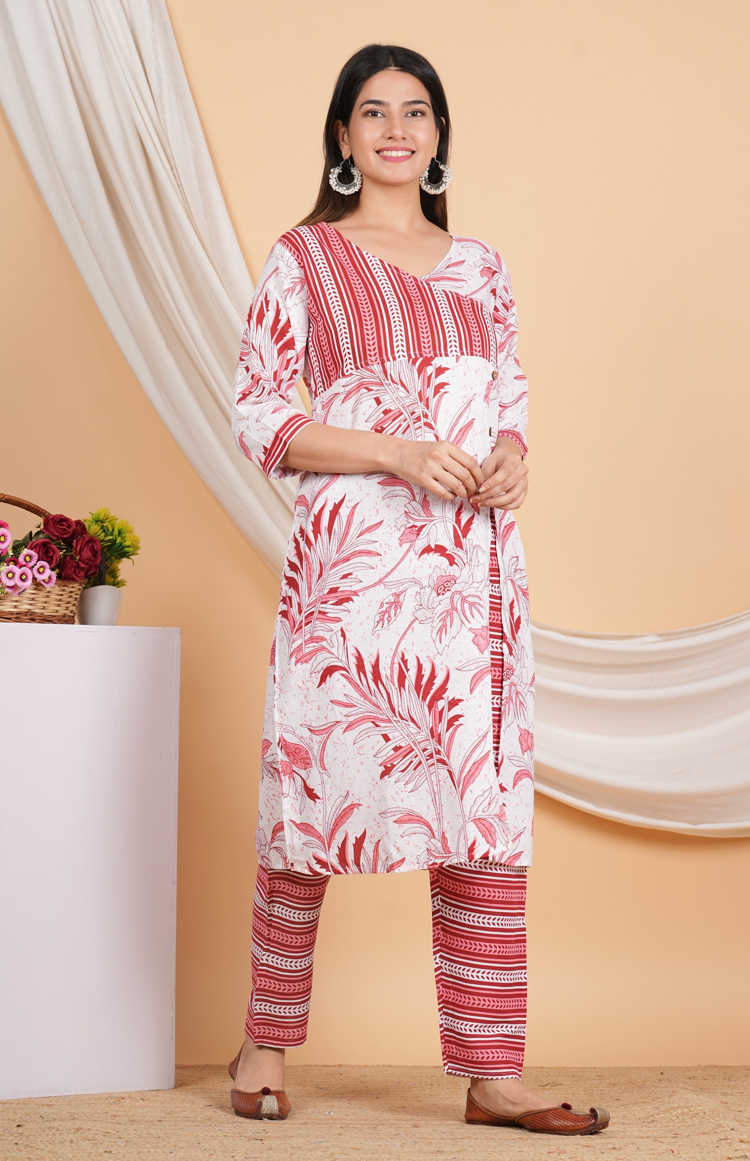 House of RP Women White & Red Rayon Floral Print Kurta & Pant Set