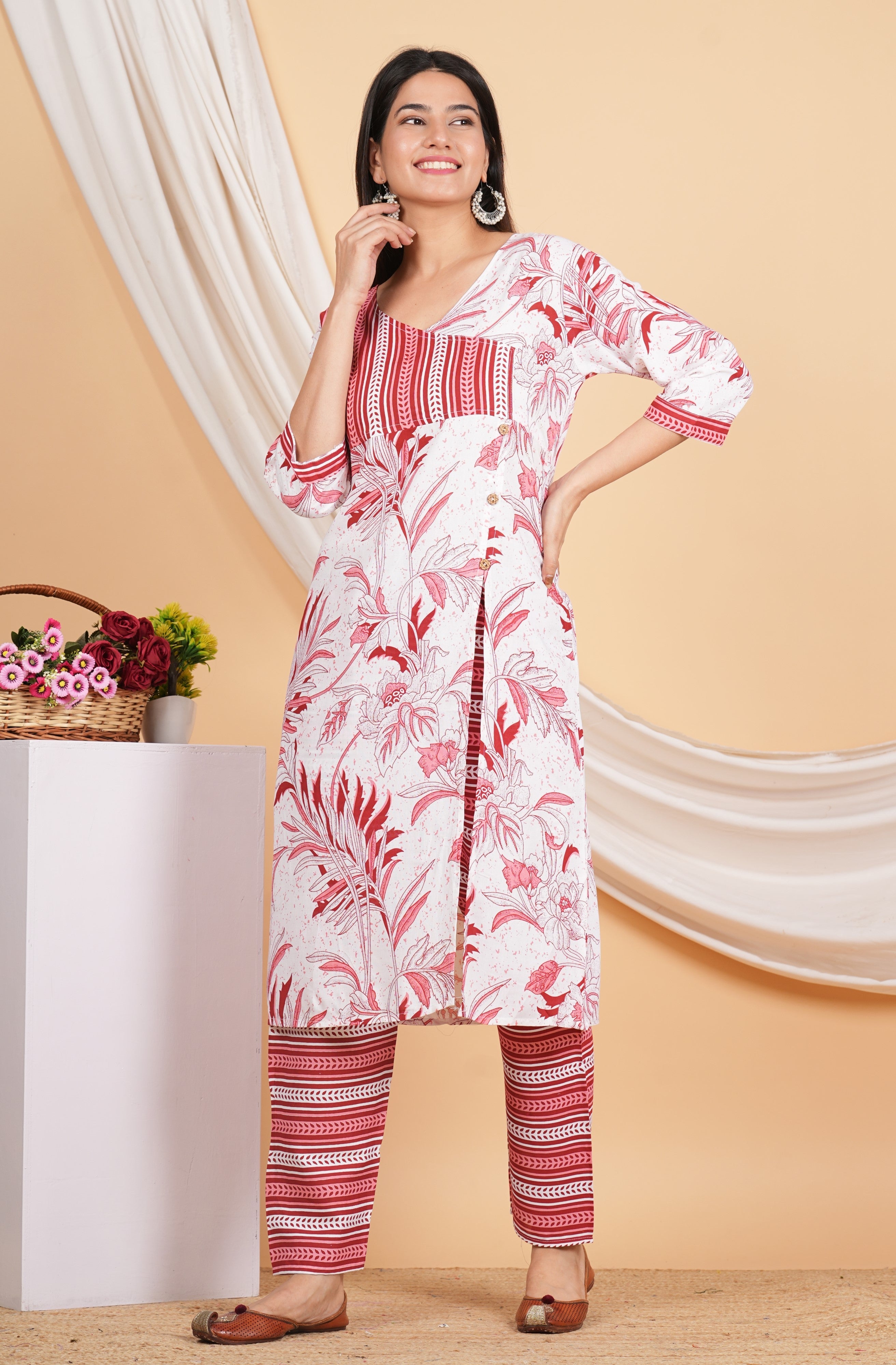 House of RP Women White & Red Rayon Floral Print Kurta & Pant Set