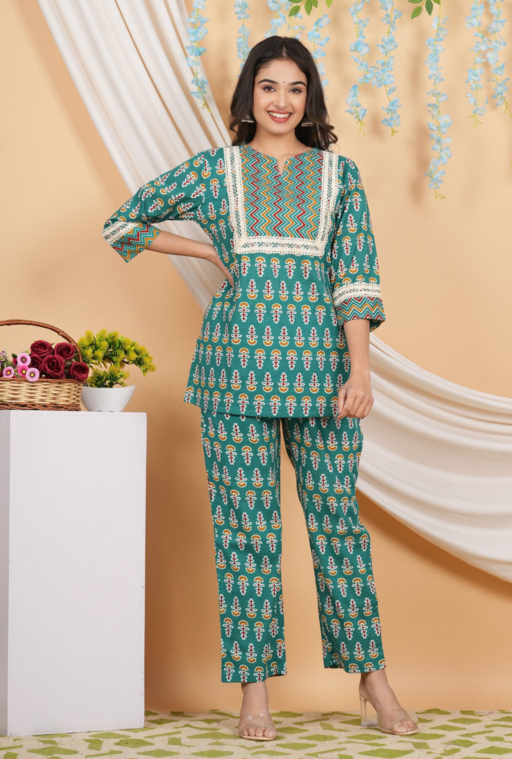 House of RP Women Teal Cotton Kurta & Pant Set