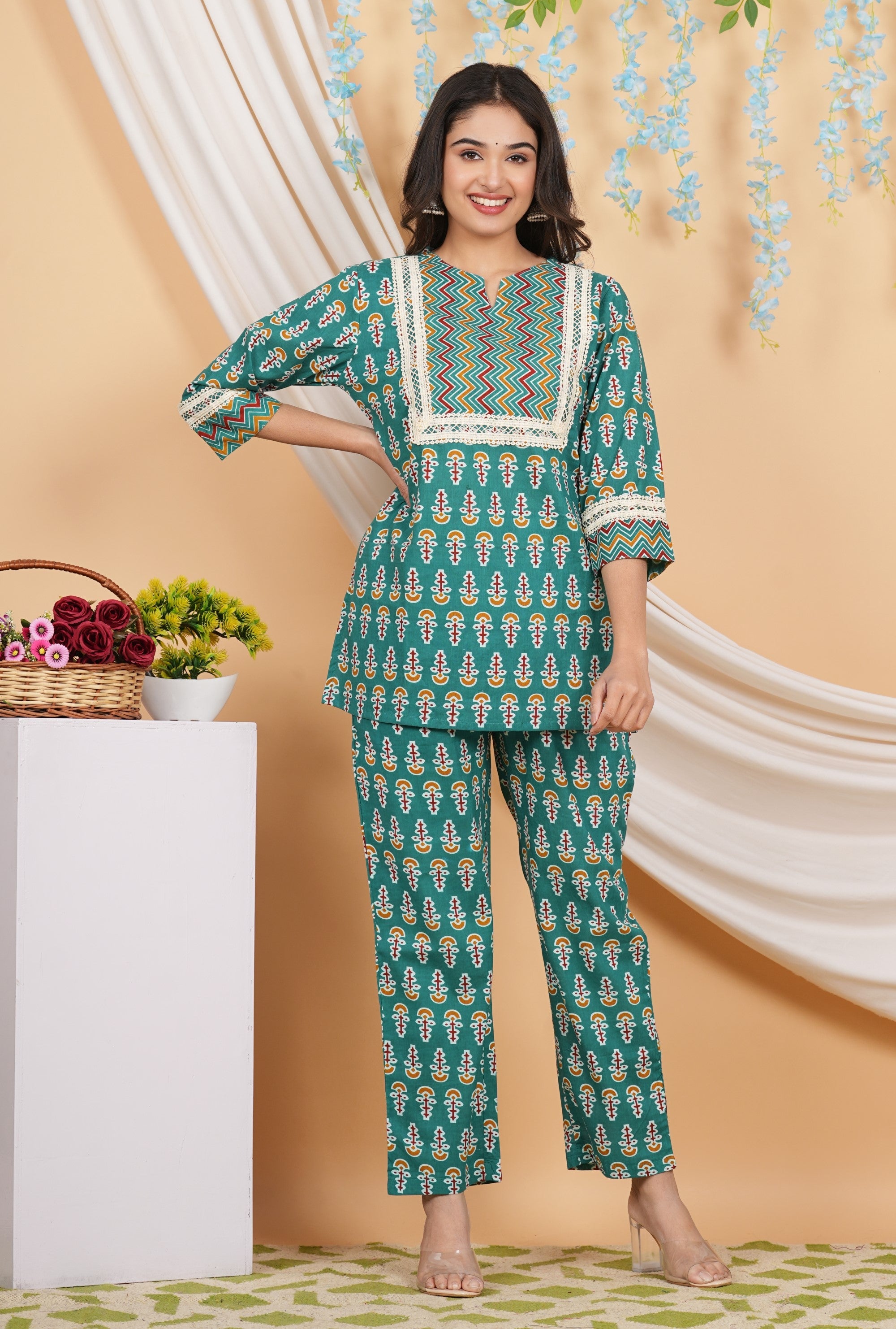 House of RP Women Teal Cotton Kurta & Pant Set