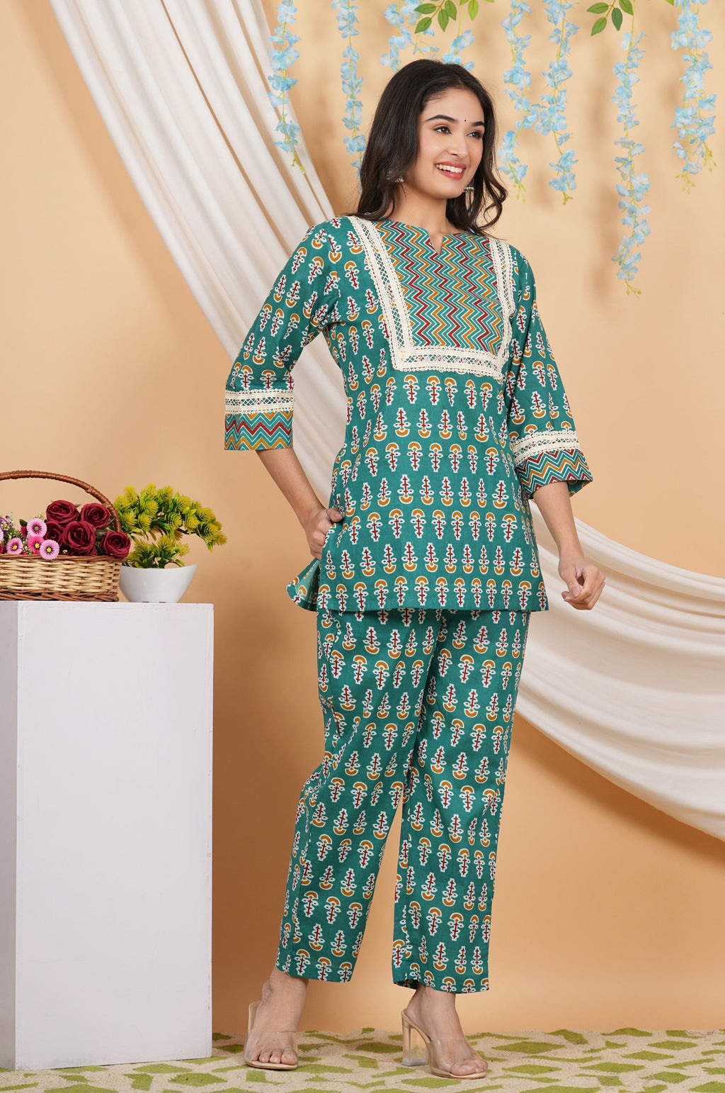 House of RP Women Teal Cotton Kurta & Pant Set