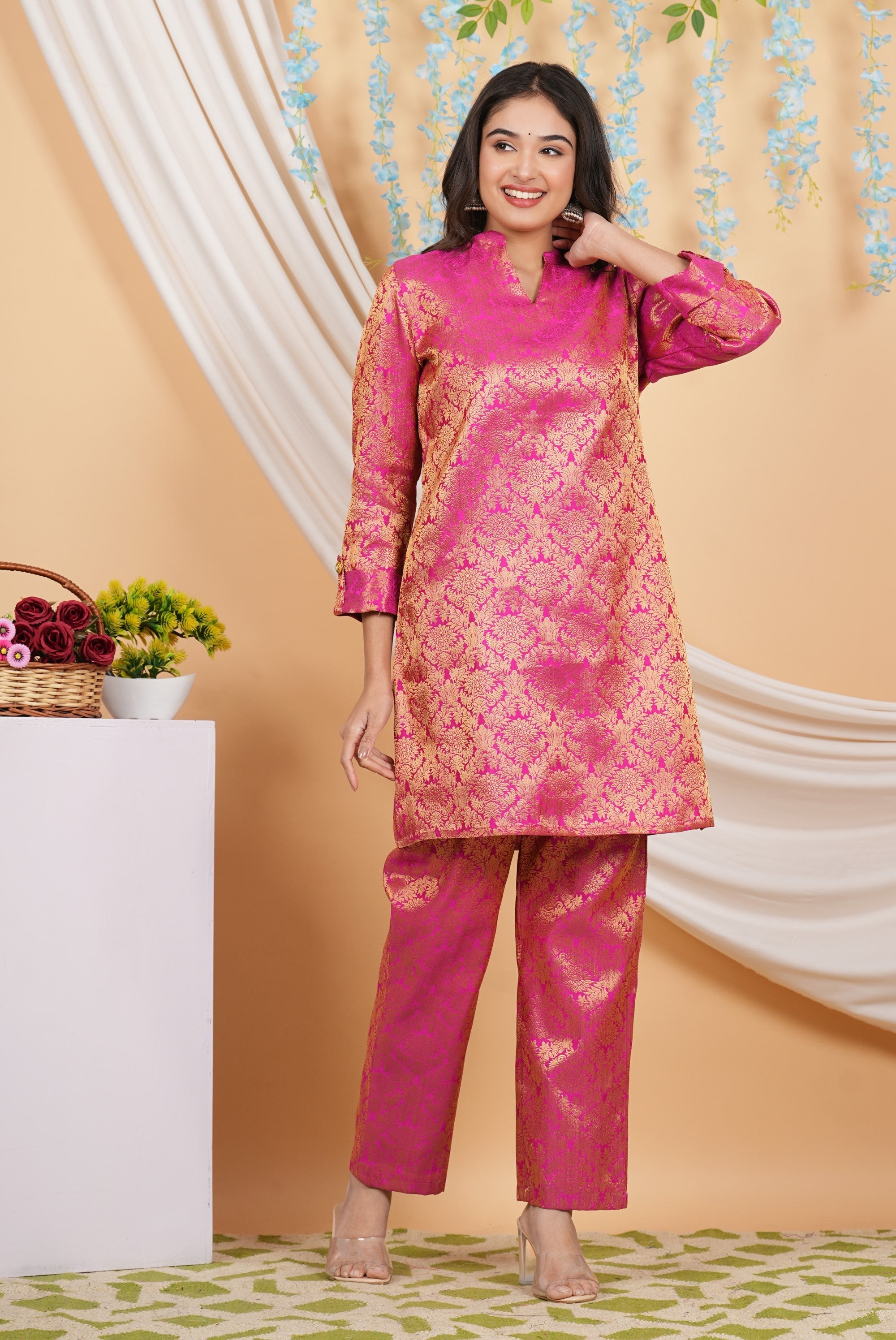 House of RP Women Fuchsia Emblished Jacquard Kurta & Pant Set