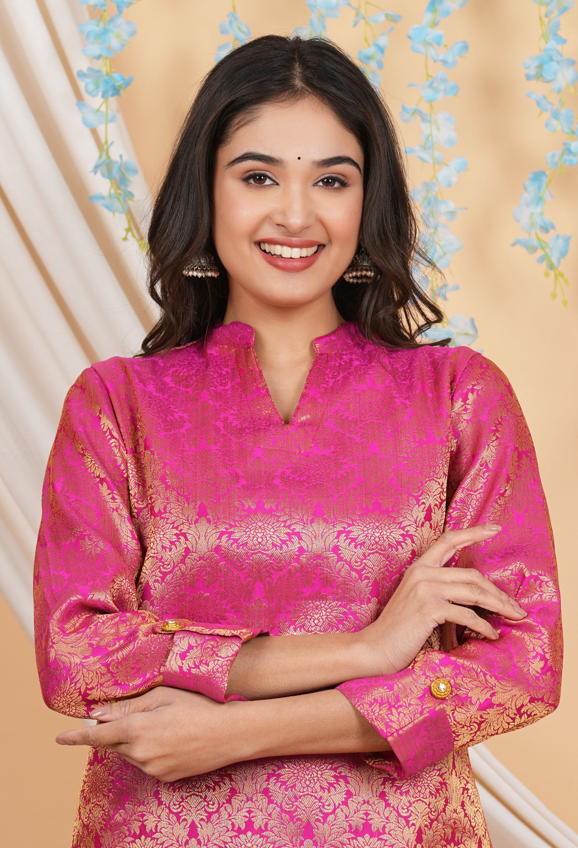 House of RP Women Fuchsia Emblished Jacquard Kurta & Pant Set