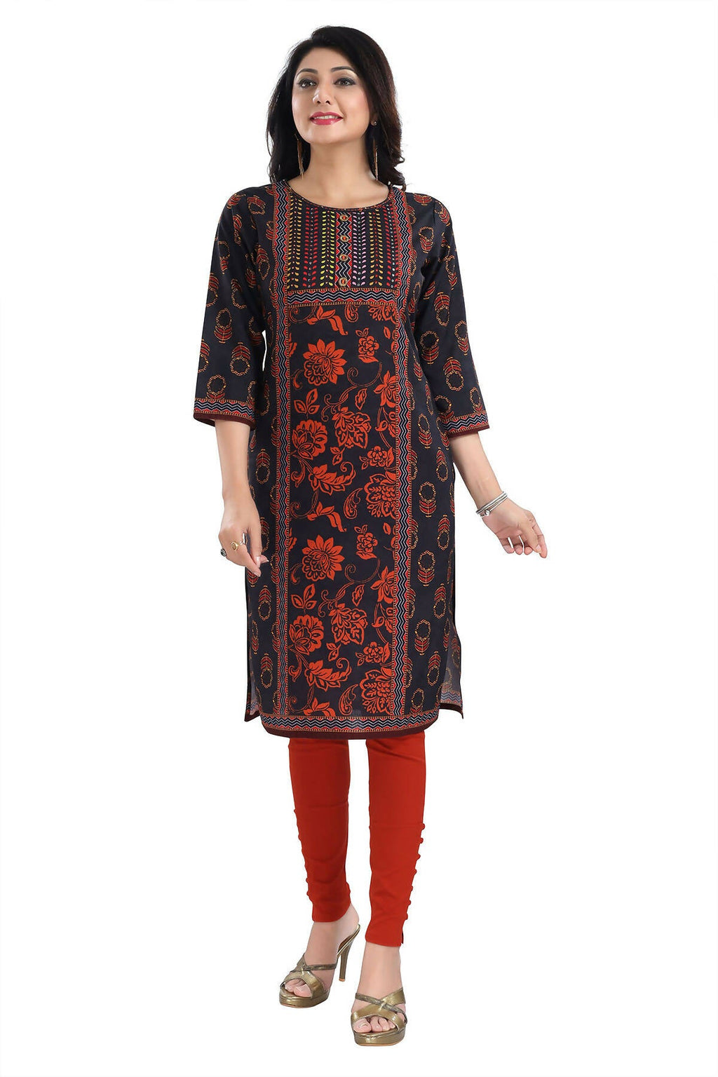 Snehal Creations Elegant Black Designer Digital Print Cotton Slub Fabric Long Kurti Tunic