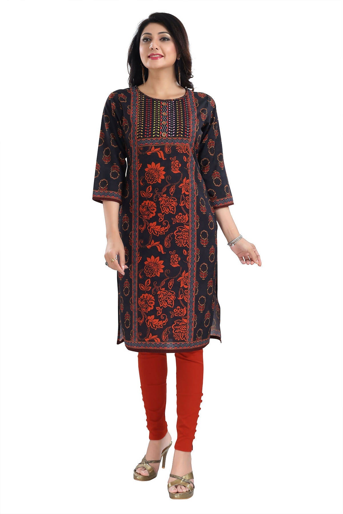 Snehal Creations Elegant Black Designer Digital Print Cotton Slub Fabric Long Kurti Tunic
