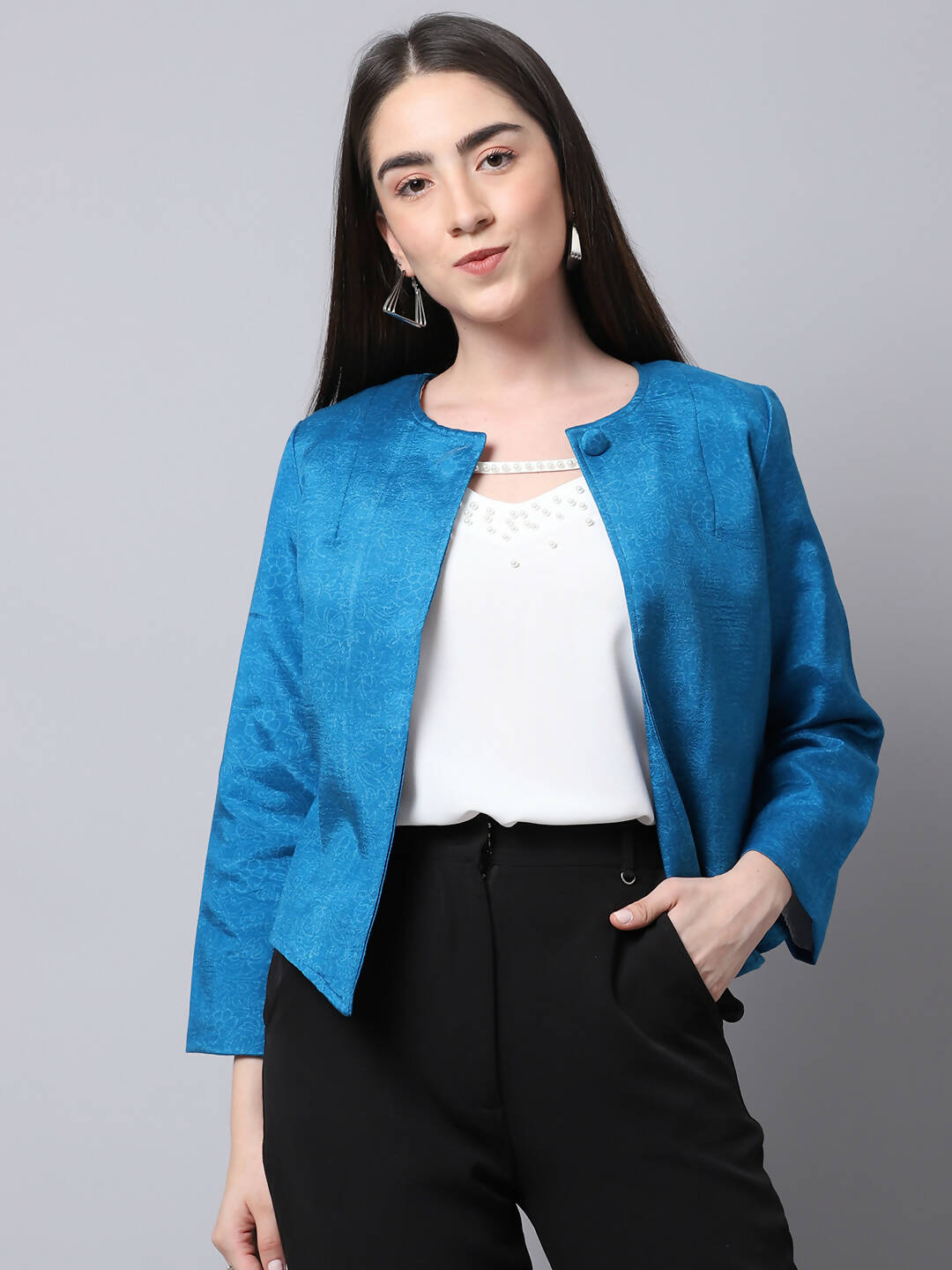 Even Apparels Blue 100% Viscose Open Front Statement Women's Jacket