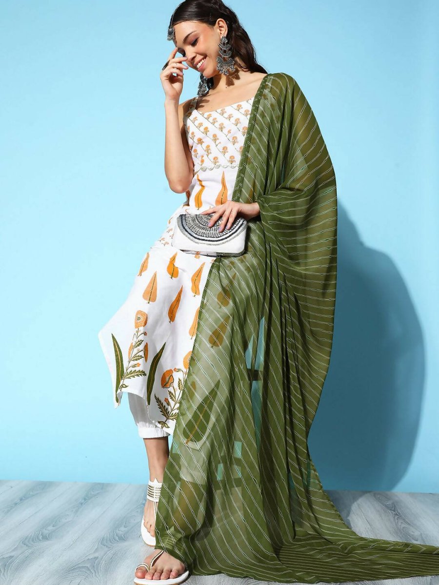 Ahalyaa Women's White Colour Pure Cotton Pigment Printed Kurta Pant Set With Dupatta