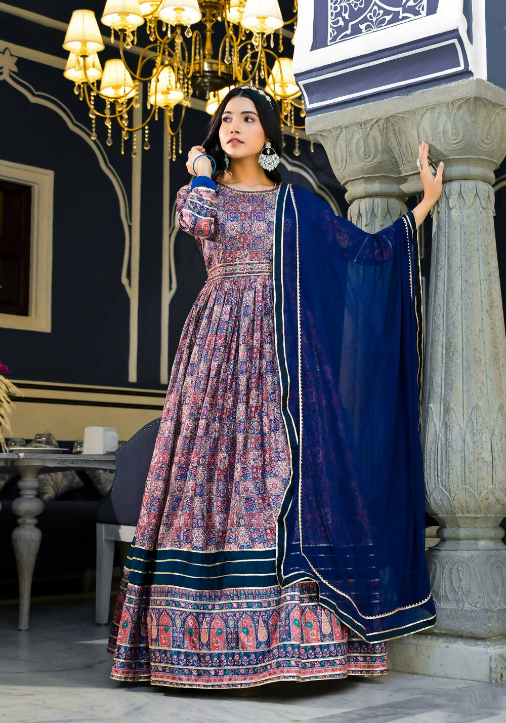 Partywear Designer Blue Dola Silk Anarkali Suit With Dupatta - Ananta