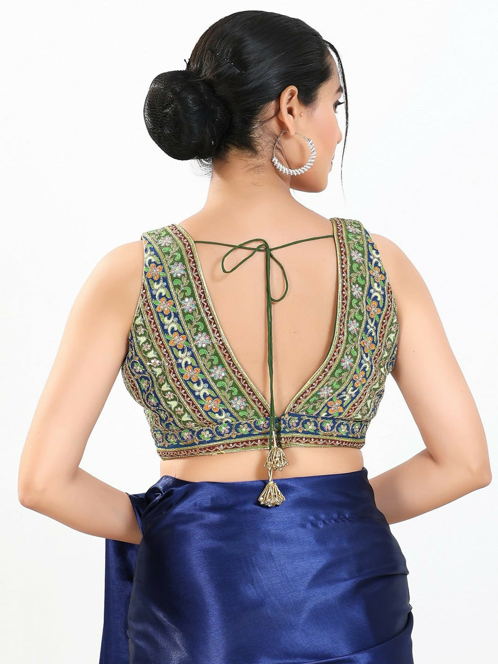 Joban Fashion Green Multi Georgette Padded Blouse With V Neck Sleeveless