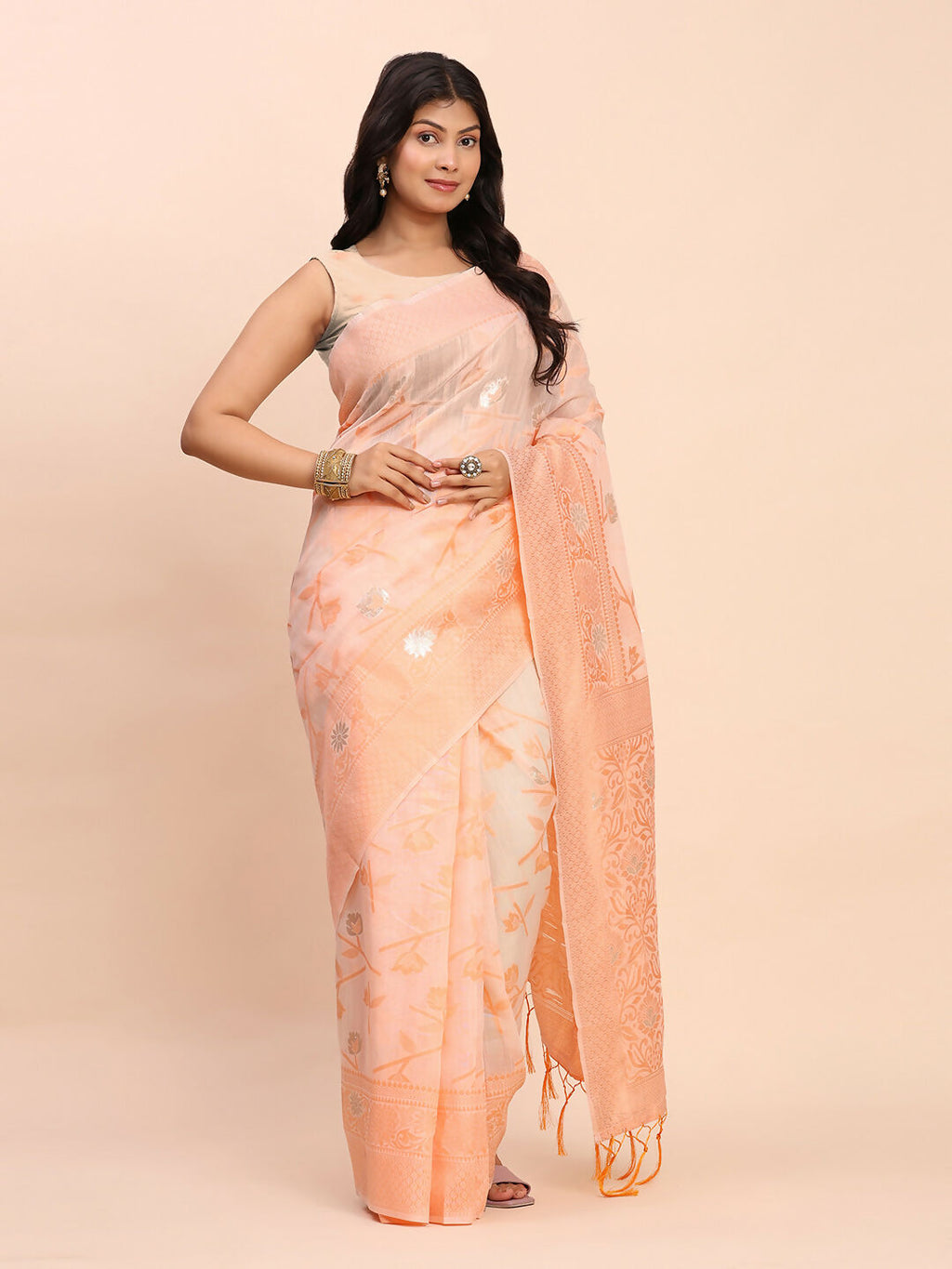 Shree Shyam Fashion Linen Cotton Peach Saree