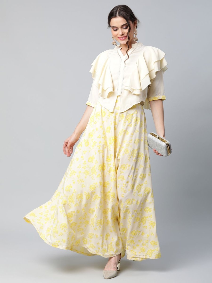 Ahalyaa Women Crepe Cream Solid Top with Printed Skirt with Ruffle Details
