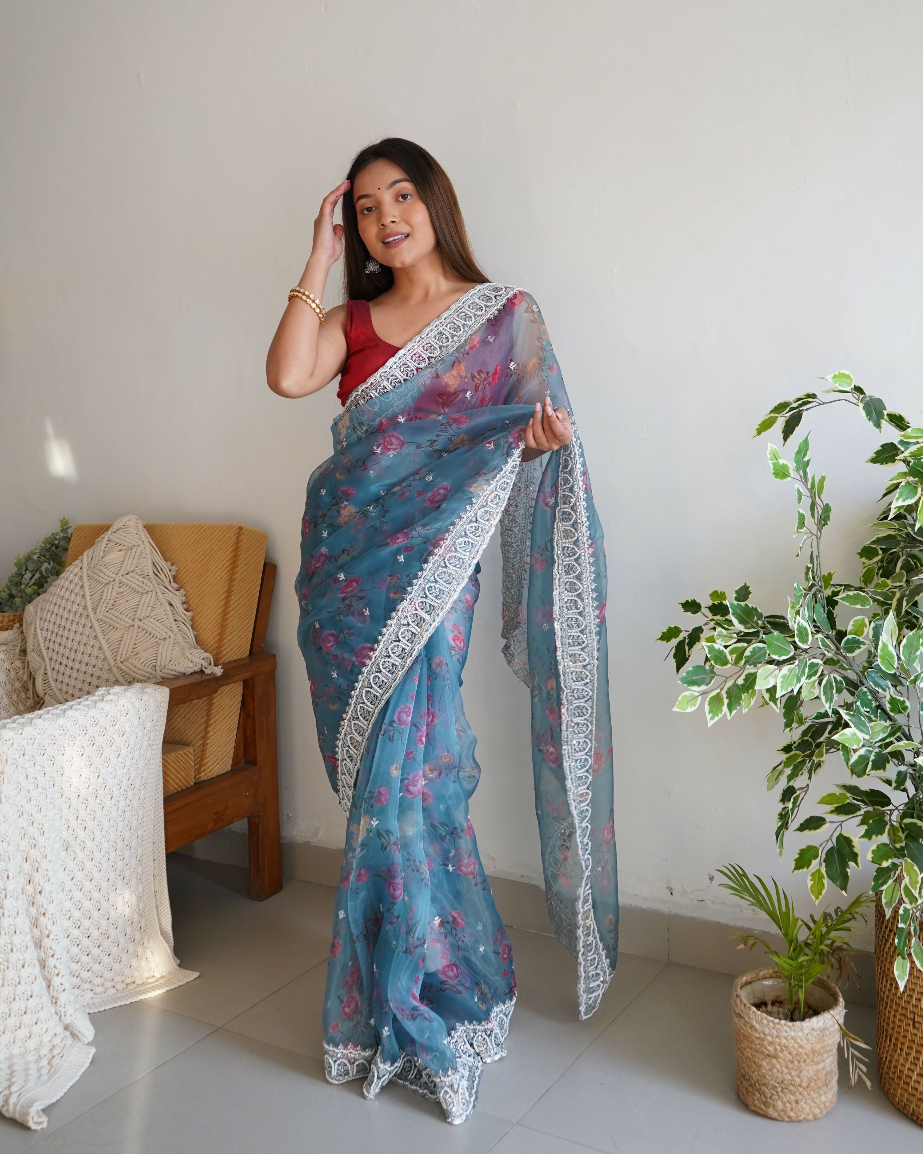 Vamsee Ferry Blue Organza Saree