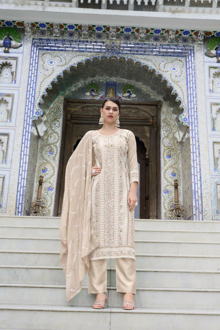 Jyoti Fashion Women's Beige Faux Georgette Heavy Embroidery and Moti Work Kurta Set