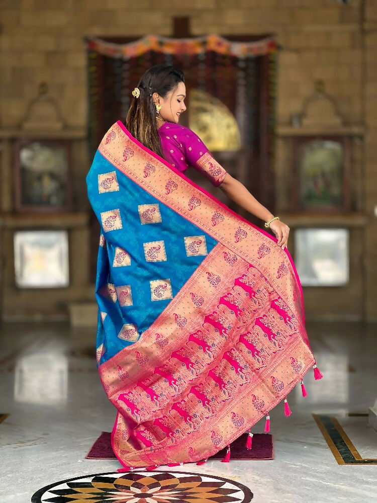 PR Fashion Firozi Soft Banarasi Silk With Zari Weaving Meenakari Design Saree