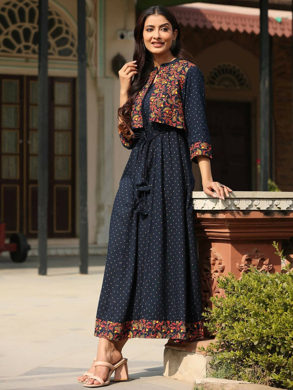 Juniper Women's Blue Rayon Festive Printed Flared Dress