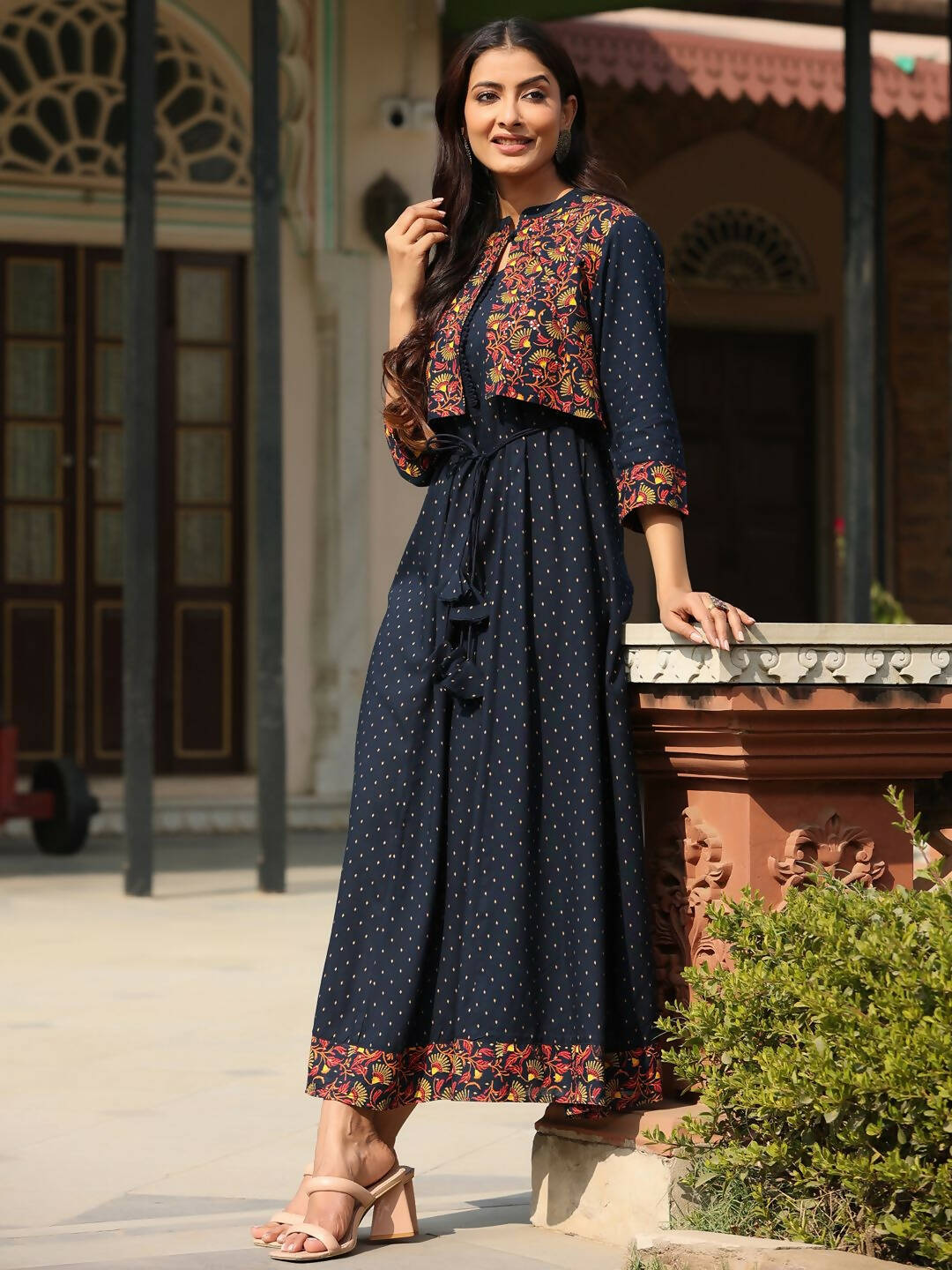 Juniper Women's Blue Rayon Festive Printed Flared Dress