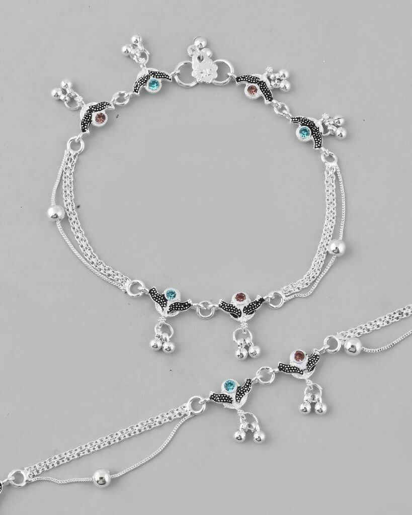 VOJ Set of 2 Designer Mutli Color Stone Studded Anklet