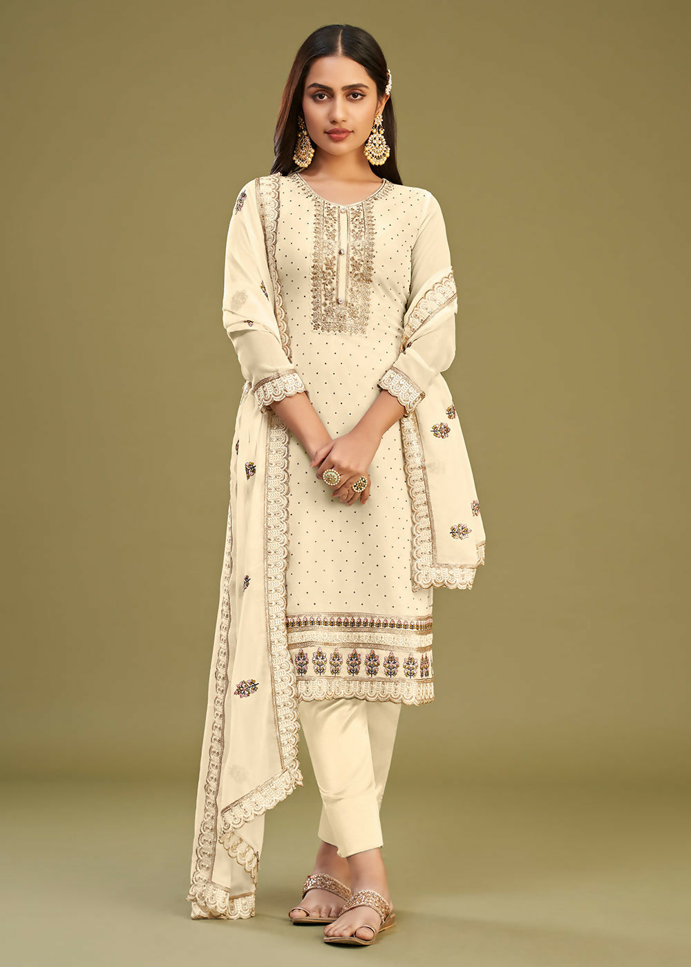 Off White Swarovski Work & Embroidered Eid Wear Salwar Suit - Emponline