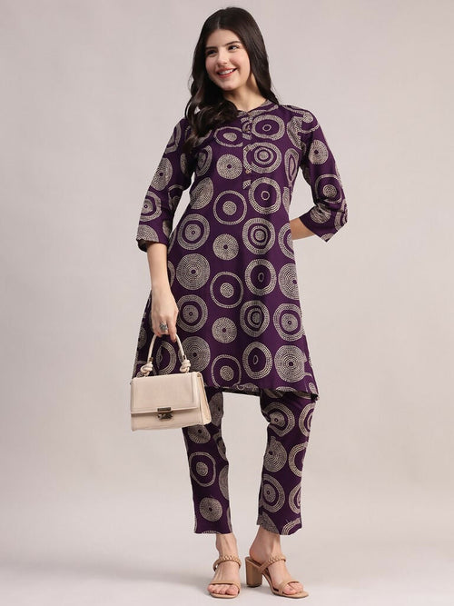 Aavyora Women's Purple Abstract Printed Pure Cotton Co-ord Set