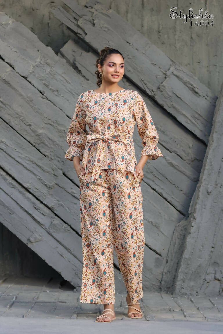 Women's Partywear Designer Cream & Multi Muslin co-ord set - Stylishta
