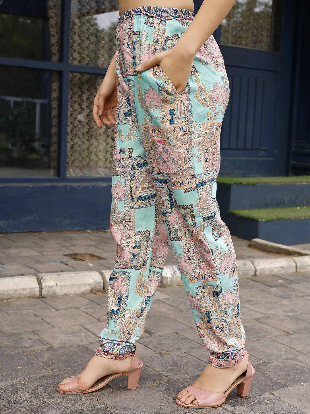 Pink & Blue Rayon Paisley Printed Top with Matching Bottom - Eesha