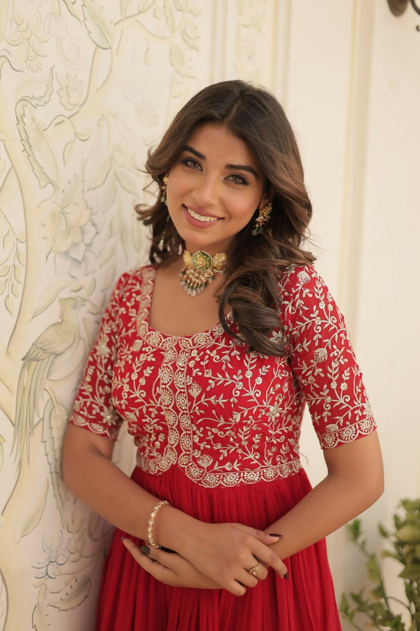 Vastranavya Faux Blooming with Embroidery Zari Sequins-work Gown - Red