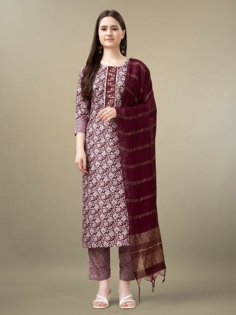 Jyoti Fashion Women's Maroon Rayon Embroidery & Sequence work Kurta with Trouser & Dupatta
